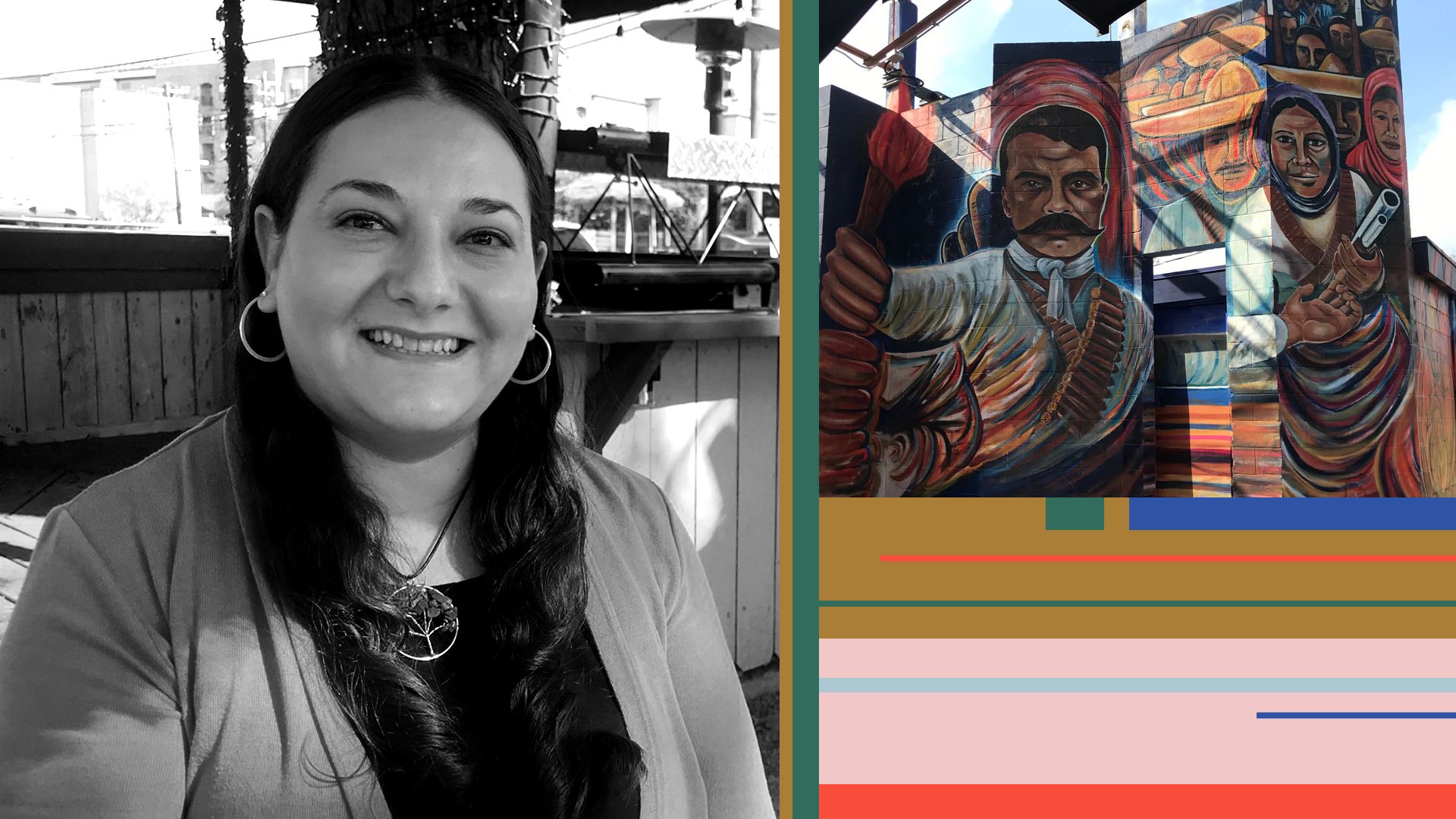 Nancy Flores in an illustration that includes a mural by Raul Valdez