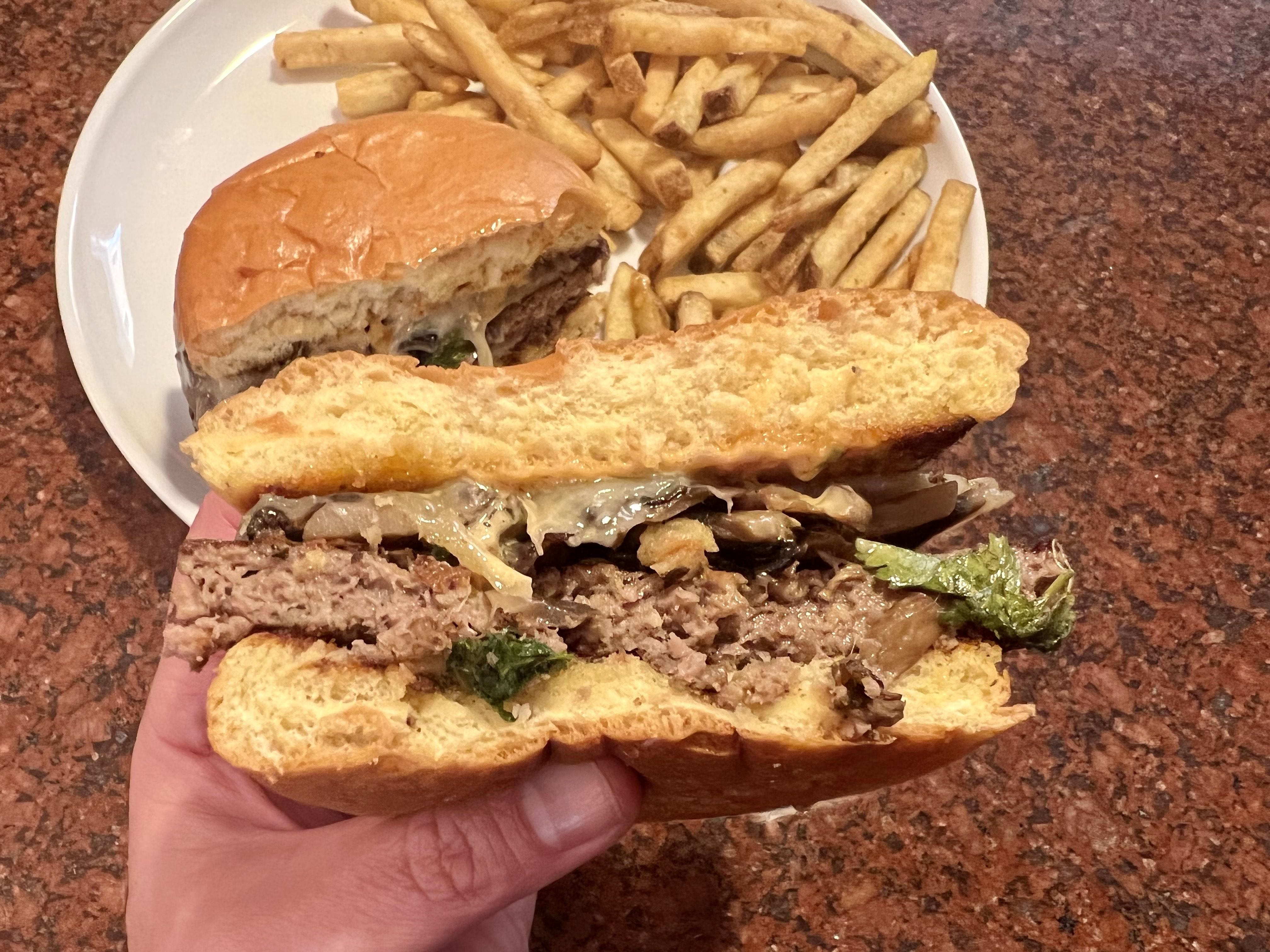 Photo of a hamburger and fries. 