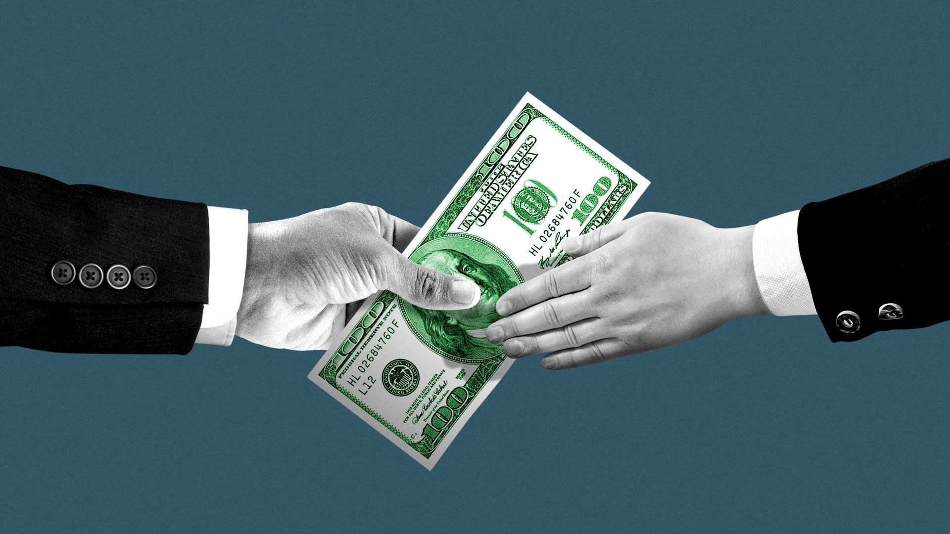Illustration of suited hand handing money to another suited hand