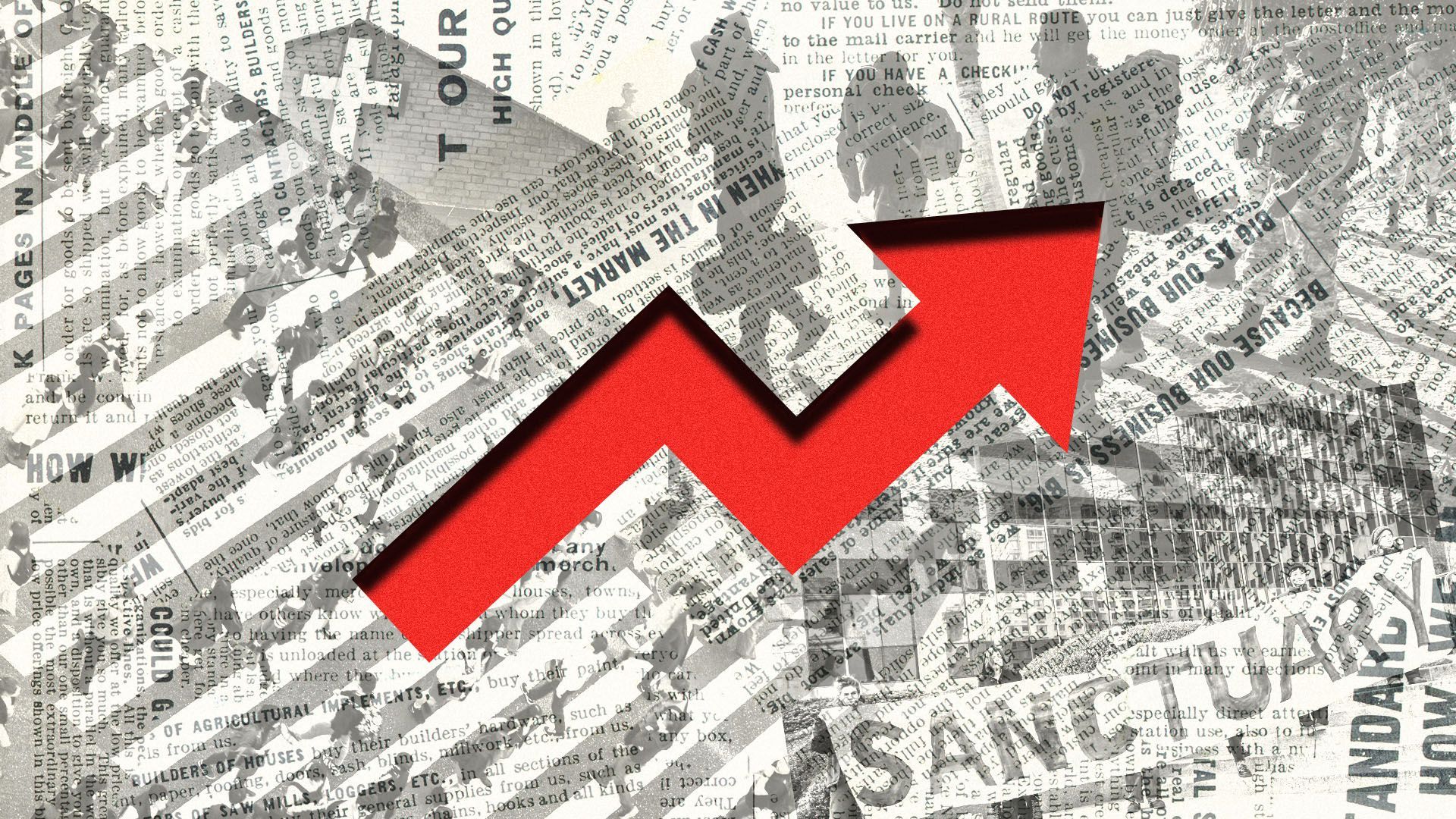 Photo illustration of an upward trend line in red, cut out of newspaper featuring Central American migrant families, immigration court protests, people crossing a busy city street, and a church