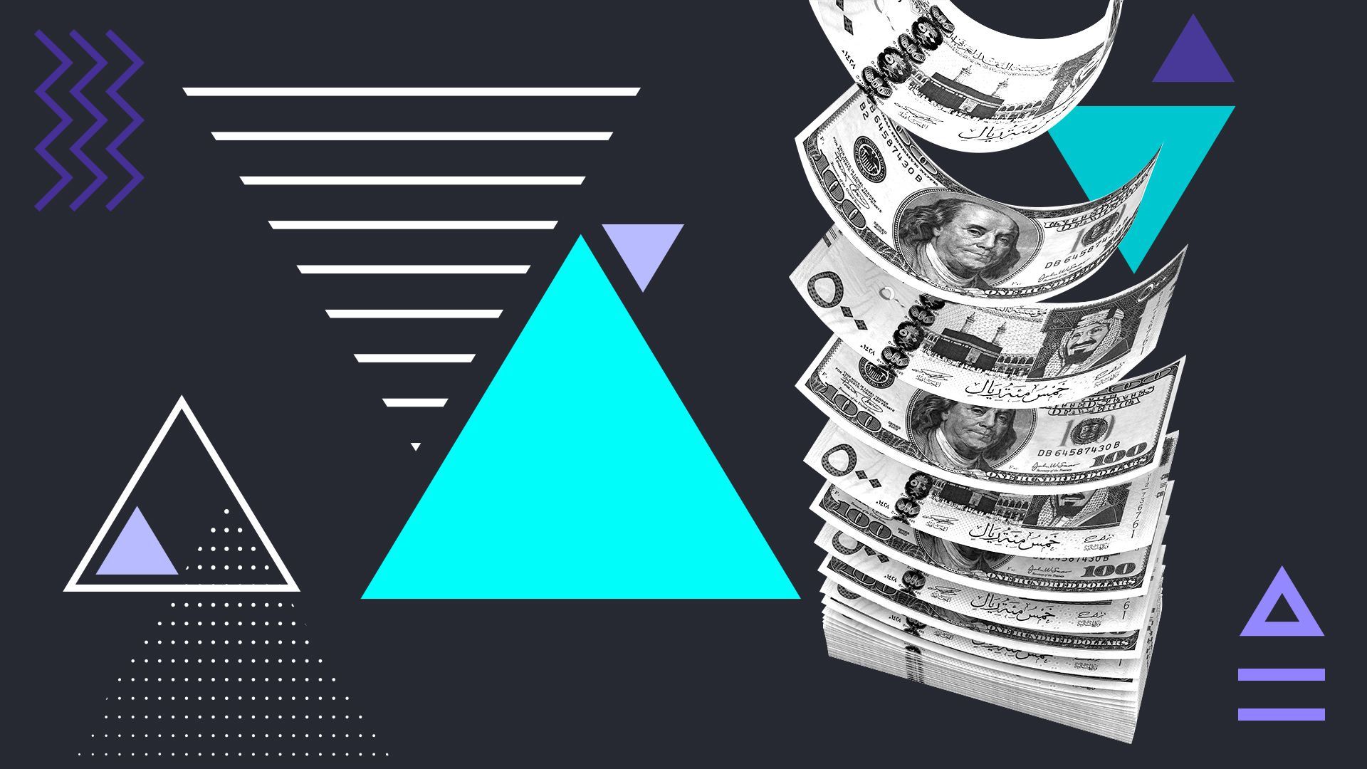 Illustrated collage of triangle shapes and a stack of mixed riyal and dollar bills.