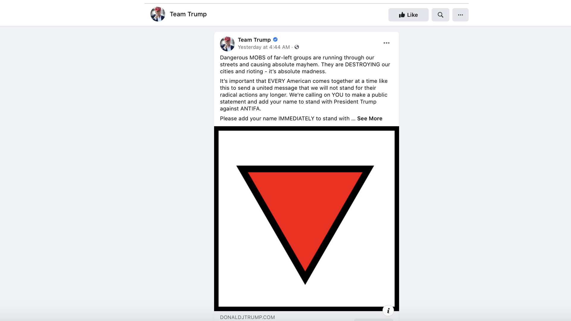 A screenshot of a Trump campaign ad depicting a red inverted triangle with a black border.