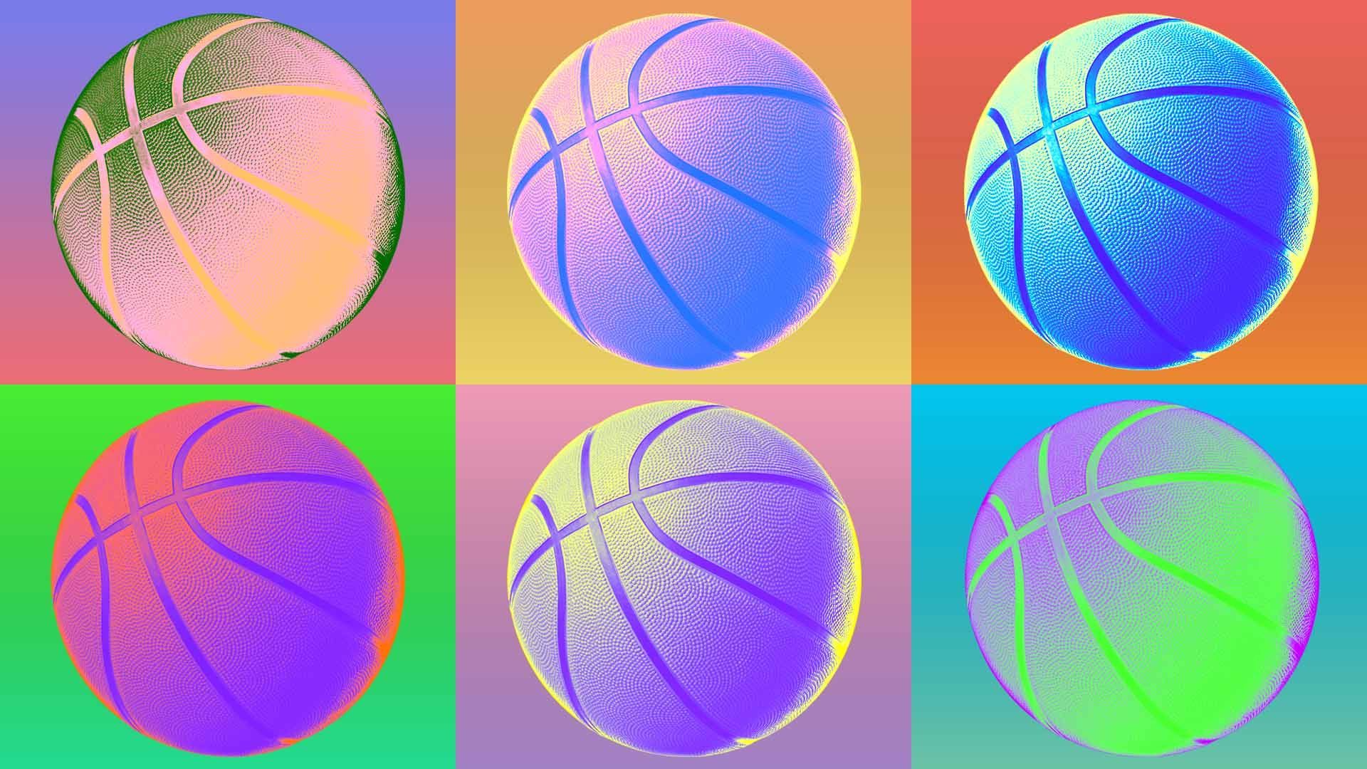 Illustration of a series of basketballs in different colors in an Andy Warhol-esque composition