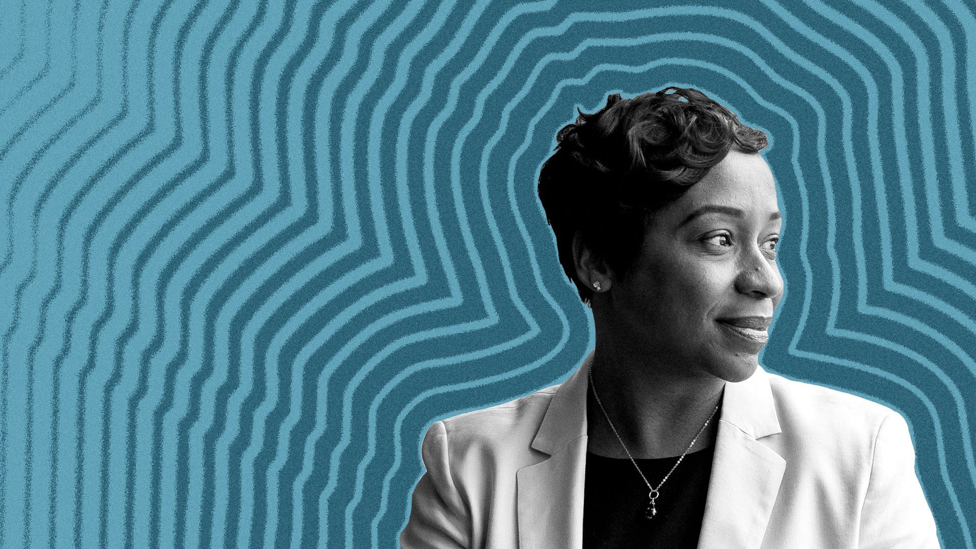 Photo illustration of Attorney General Andrea Campbell with lines radiating from her. 