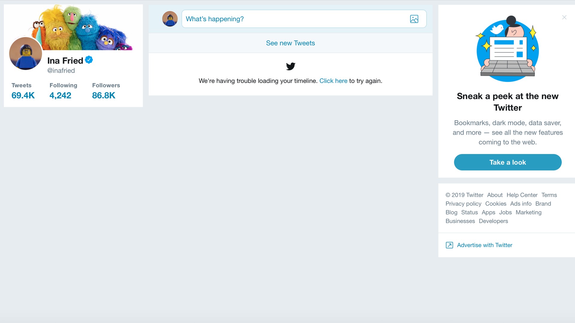 A screenshot of Twitter, which was down on July 11, 2019