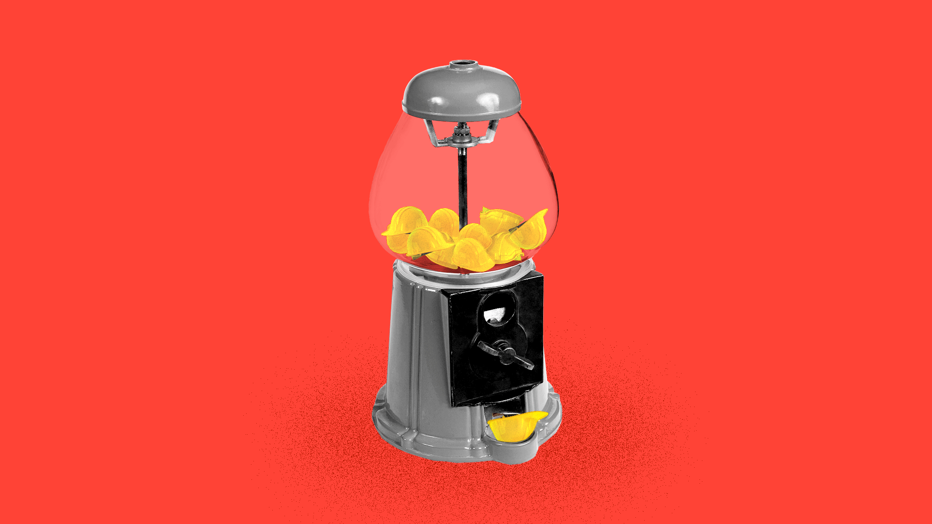 Illustration of yellow hard hats being dispensed from a near-empty candy machine.