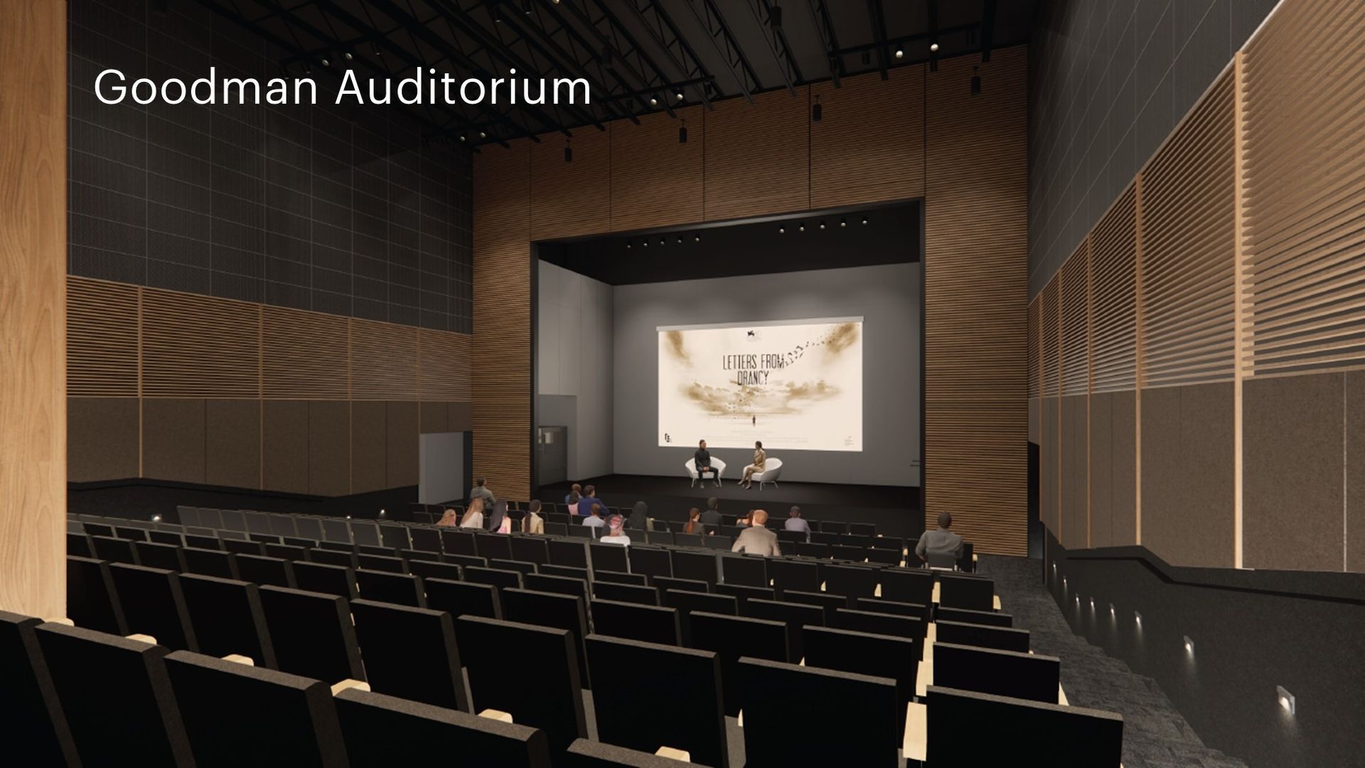 Rendering of a new auditorium with a stage at the front and wood-paneled walls.