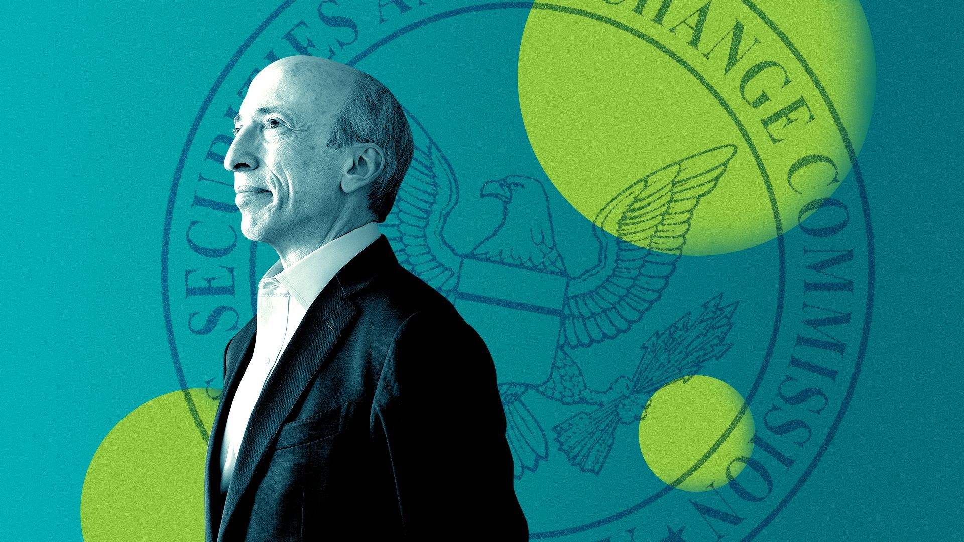 Photo illustration of Gary Gensler and the SEC seal. 