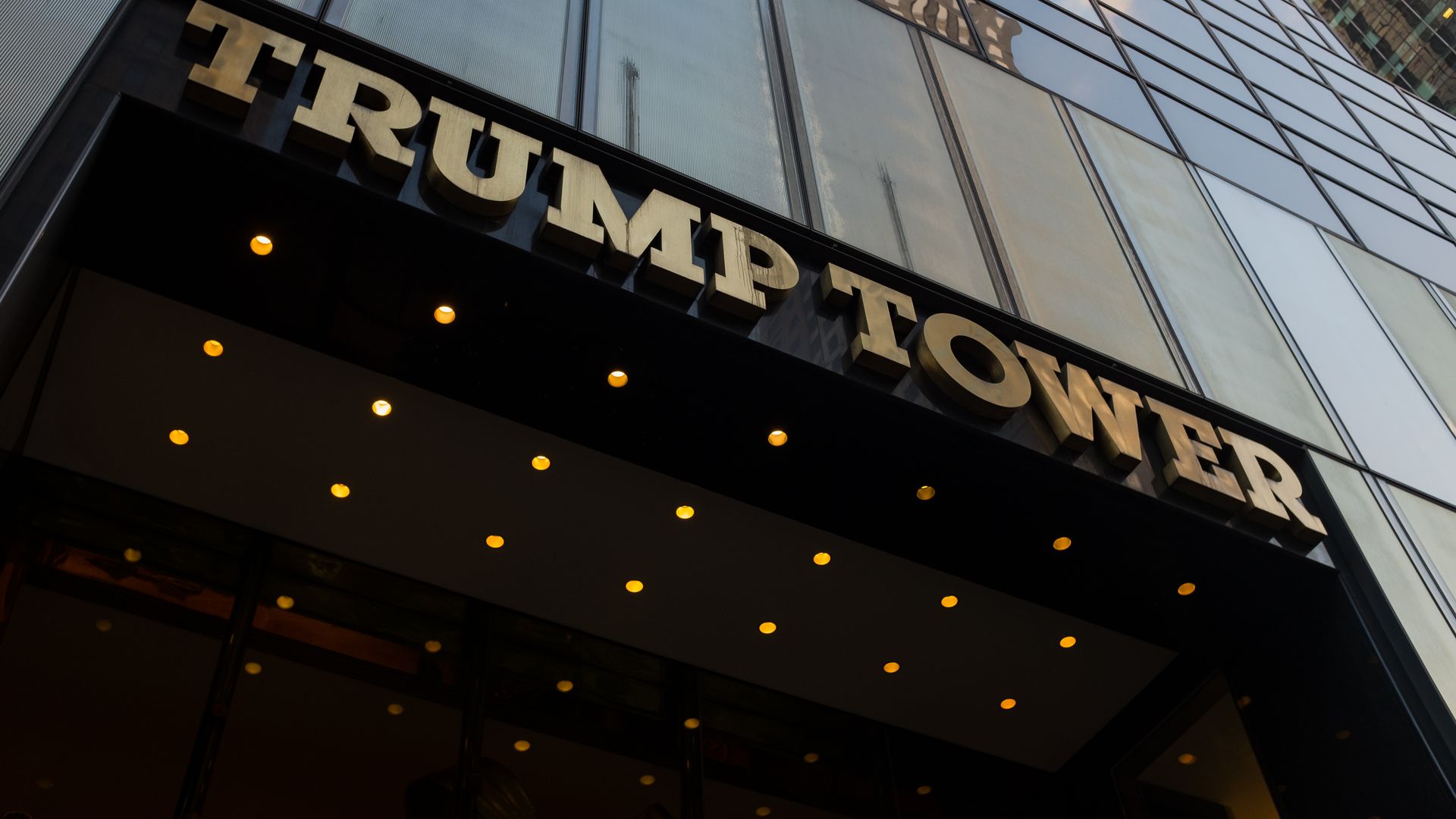 A general view of the sign and exterior of Trump Tower entrance.