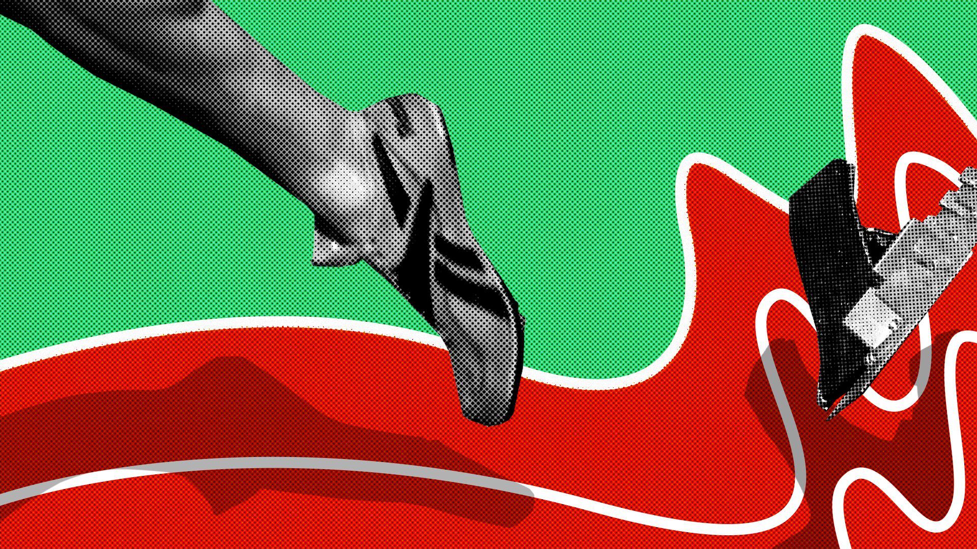 Illustration of a track runner's foot pushing away from starting blocks, causing the track to ripple