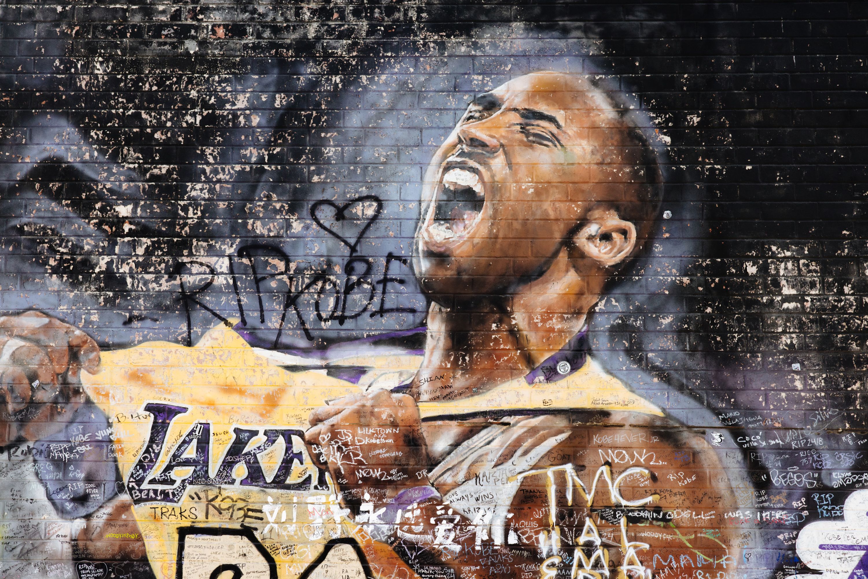The mural that Jonas Never created during Kobe Bryant's last NBA season, a few blocks from what was then known as Staples Center in Los Angeles, Jan. 19, 2025. There are more than 600 murals honoring Bryant around the world, according to one crowdsourced tally, a majority of them in Southern Califor