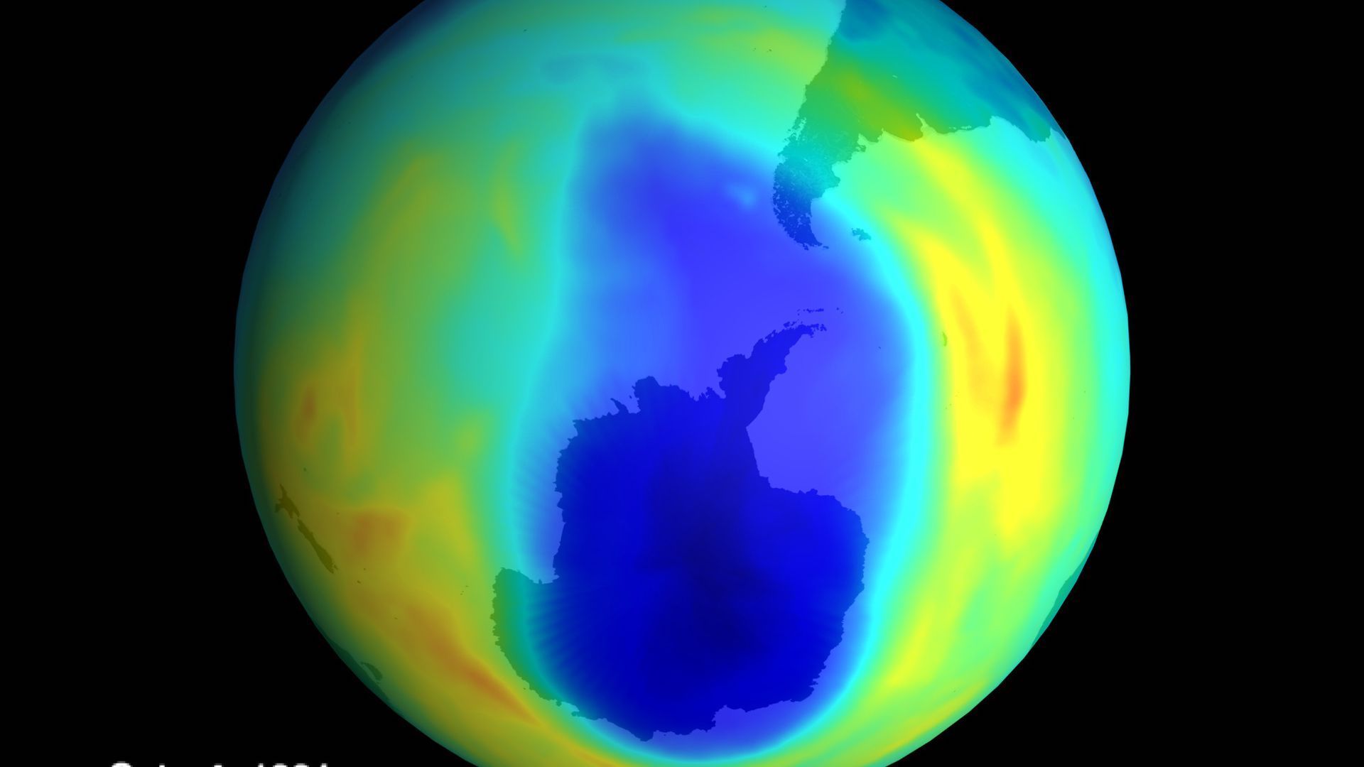 Visualization of the Antarctic ozone hole from 1991, two years after the Montreal Protocol went into effect.