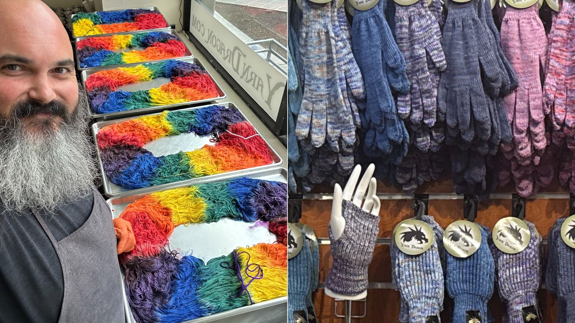 Split image: left shows a bearded man in an apron beside rainbow-colored yarn trays; right shows rows of knitted mittens in blues, purples, and pinks hanging with round tags.