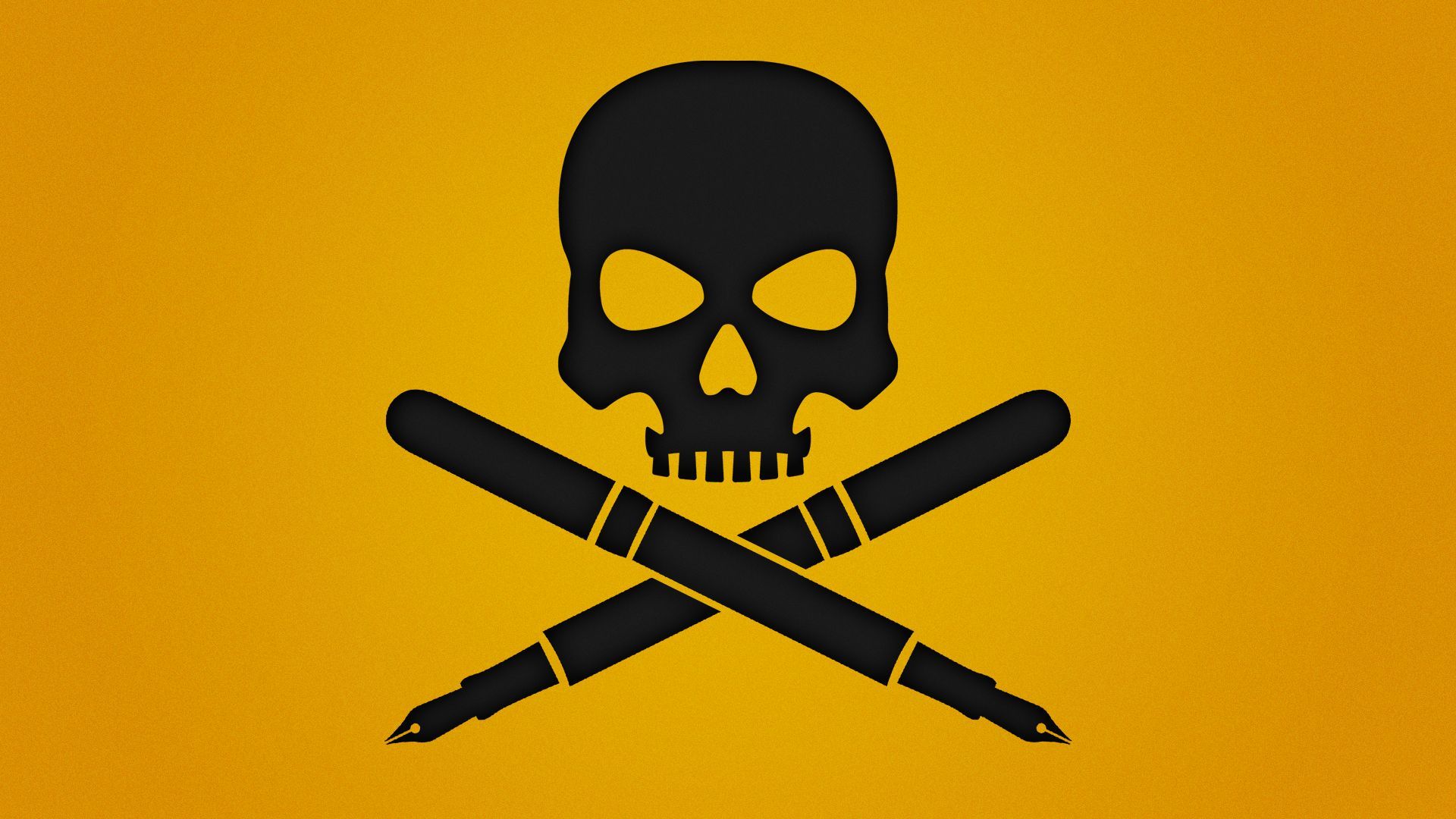 Illustration of a skull and two fountain pens crossing each other, to create a skull and crossbones symbol.