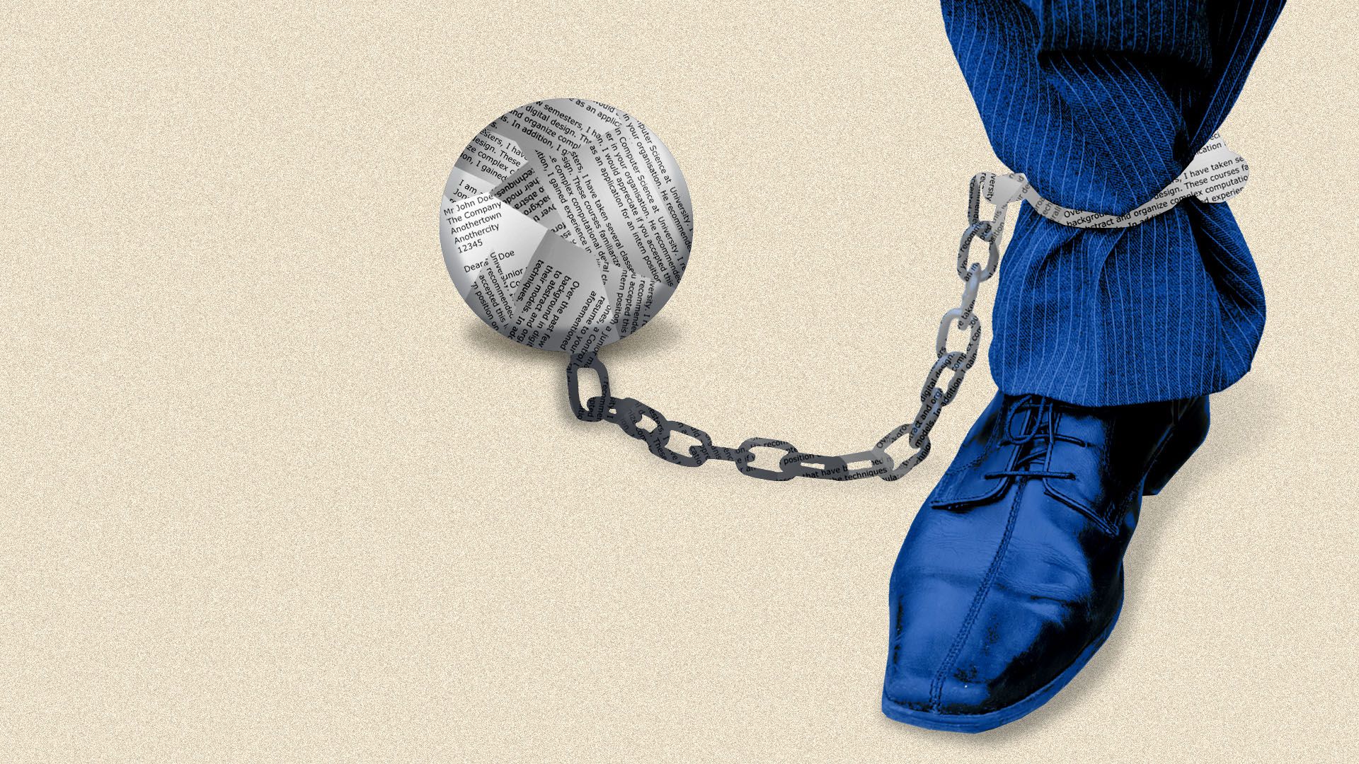 Illustration of a person in a suit locked in a contract ball and chain