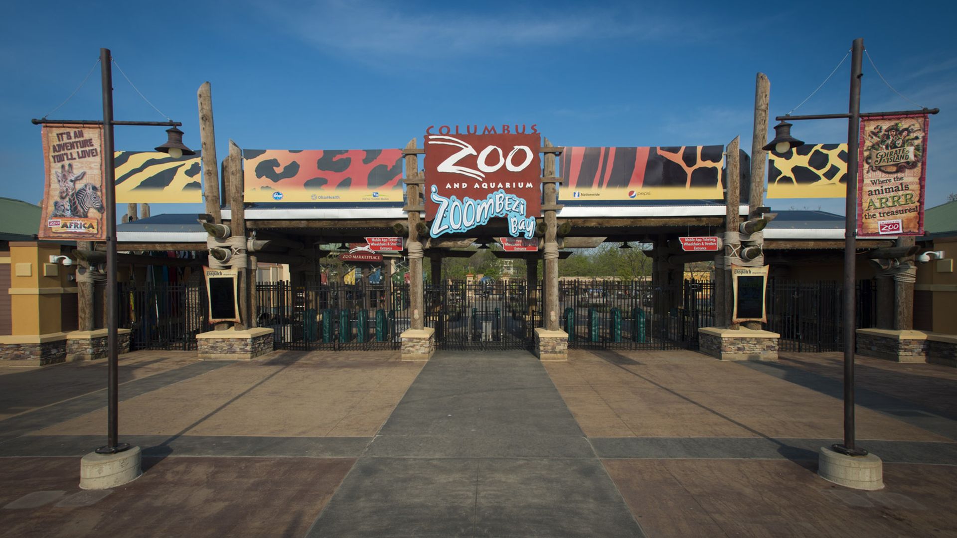 The Columbus Zoo and Aquarium entrance, with animal print signs
