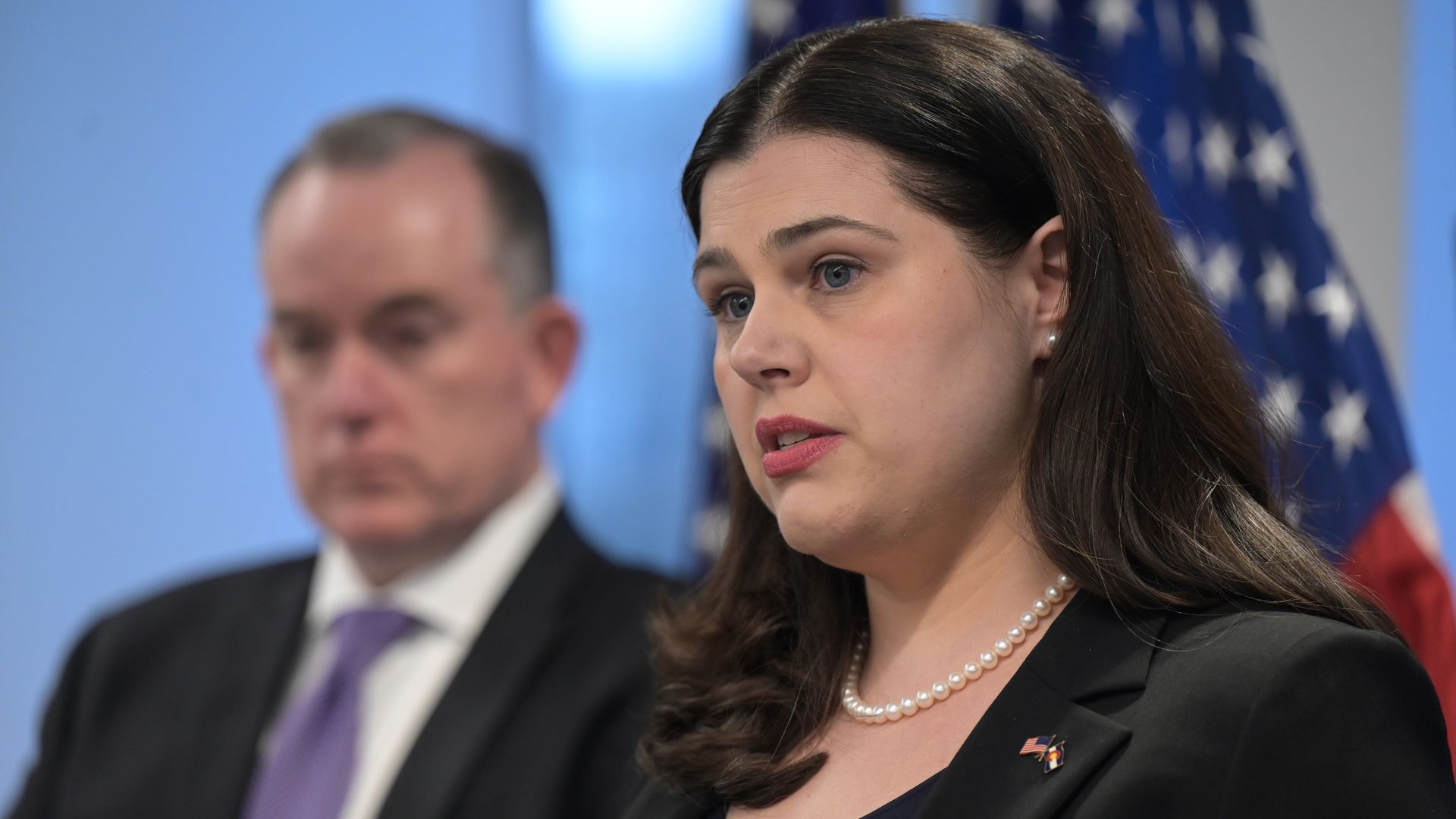 Colorado Secretary of State Jena Griswold, right, spoke at a press conference Oct. 24. Photo: Hyoung Chang/The Denver Post