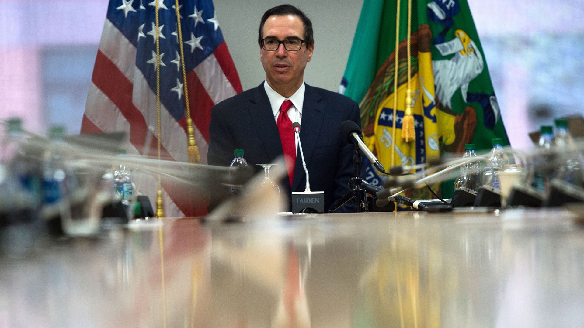US Treasury Secretary Steve Mnuchin holds a press conference during the IMF/World Bank spring meeting.