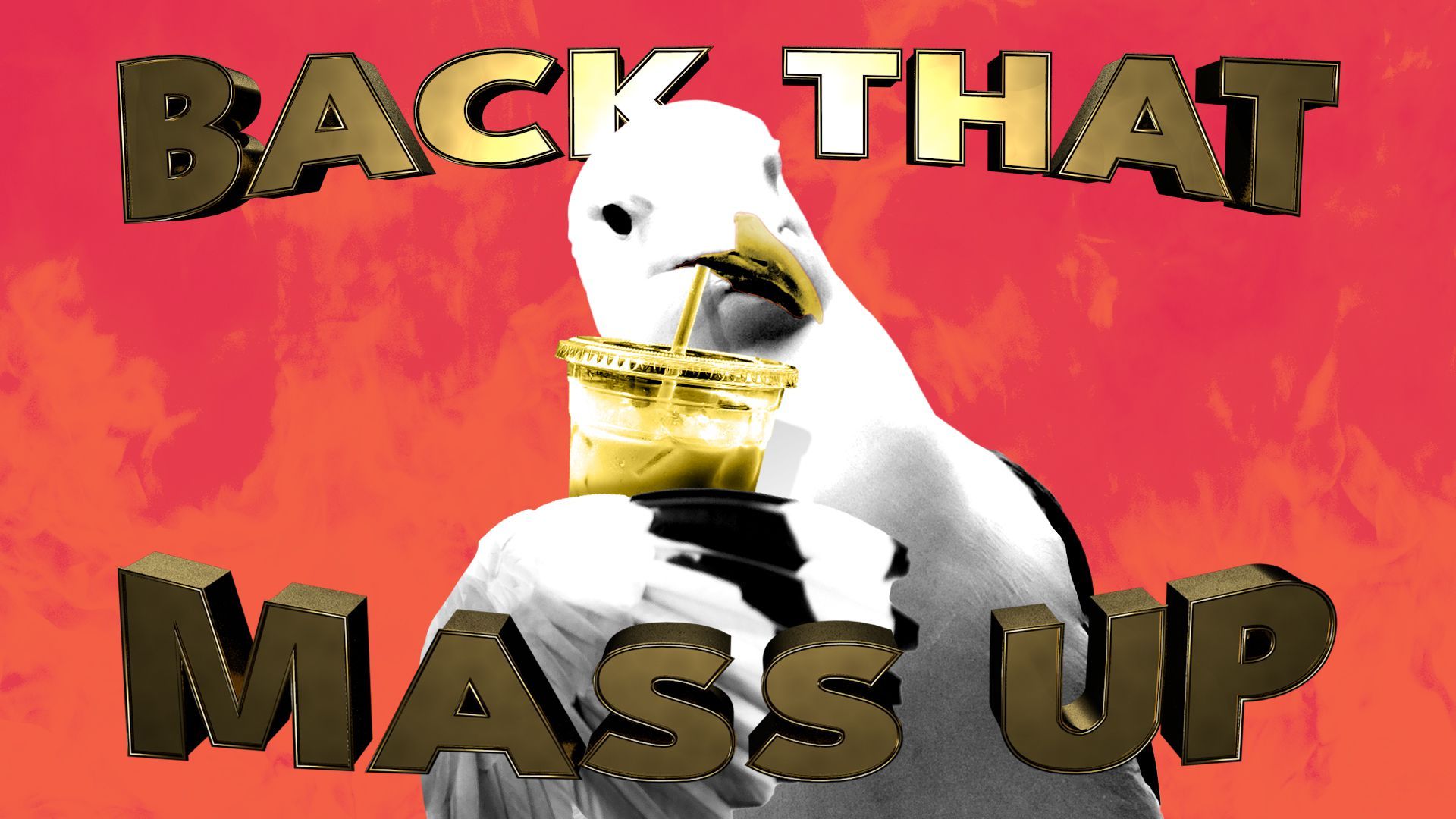 Illustration of a sea gull drinking an iced coffee, with flames in the background, surrounded by the words Back that Mass up.