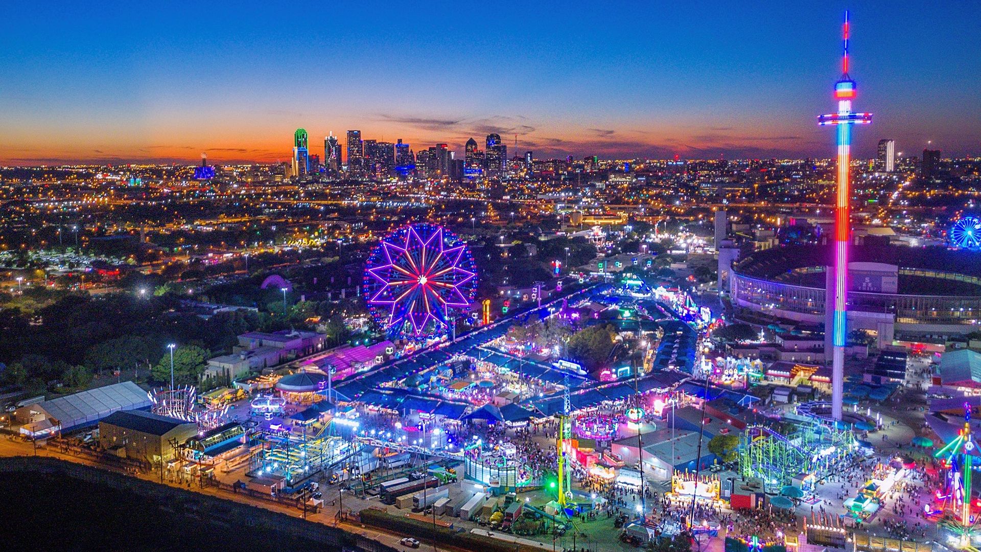 The bright lights of the State Fair of Texas at night.