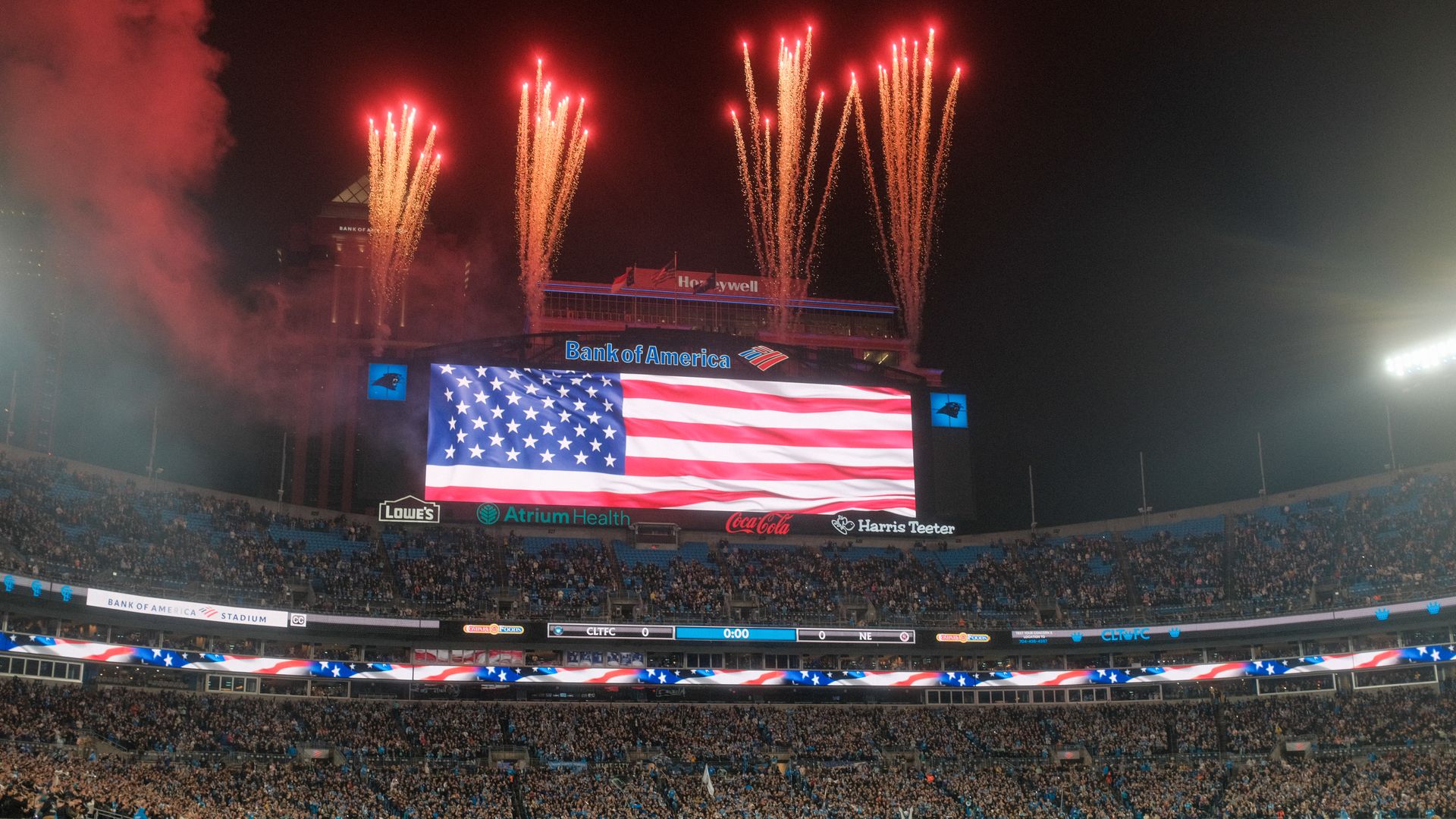 Charlotte FC season opener. Fireworks go off with the skyline in the background.