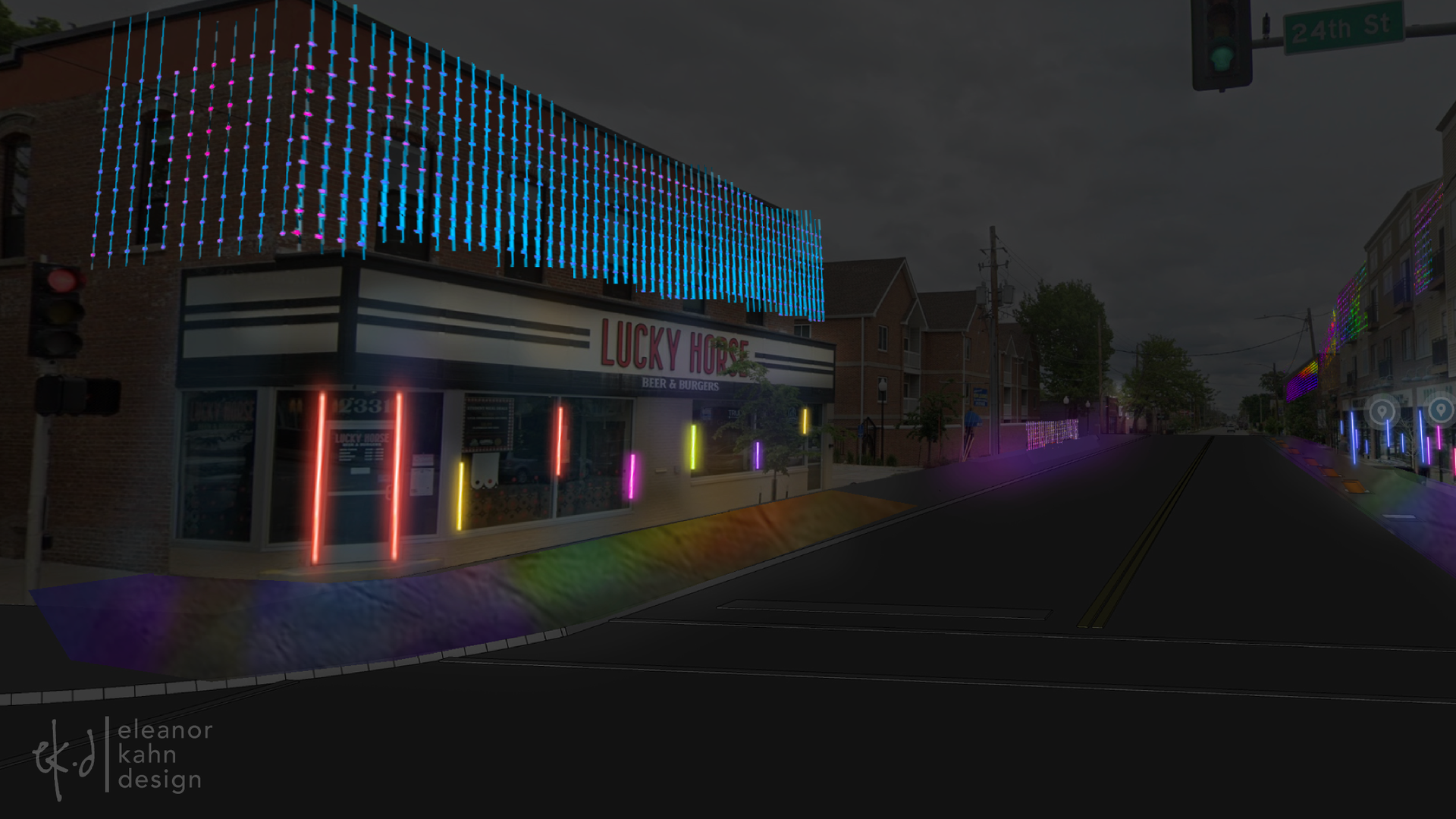 A rendering of blue, yellow, orange and purple lights lighting up a Des Moines business Lucky House.