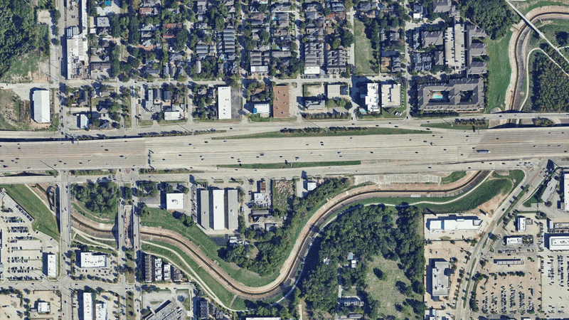 an aerial look at the progress of TxDOT's I-10 White Oak Bayou elevation project