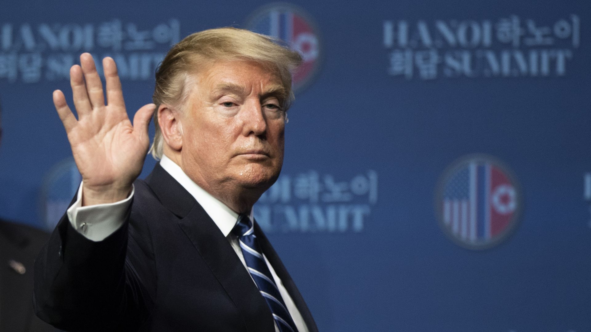 U.S. President Donald Trump attends a news conference following his second summit meeting with North Korean leader Kim Jong-un on February 28, 2019 i
