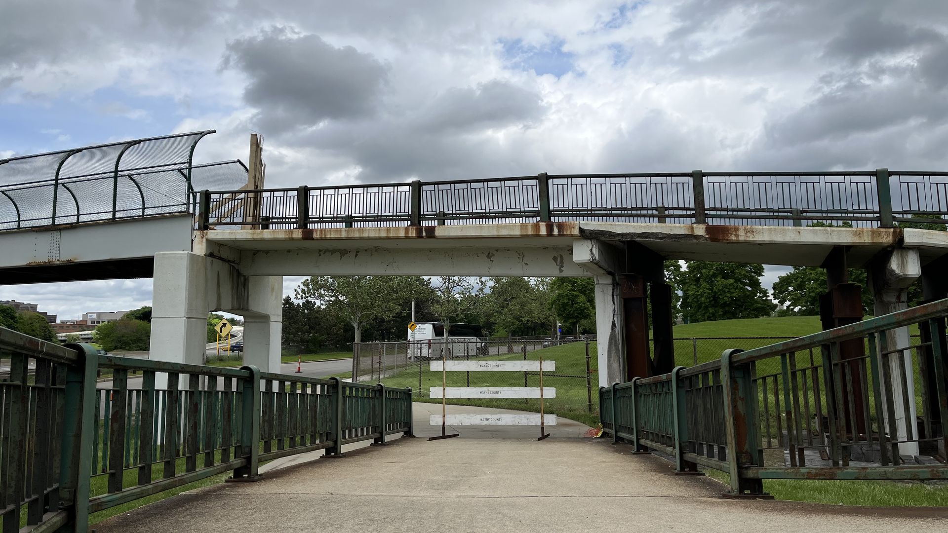 Brooklyn Street pedestrian bridge in Detroit barricaded for safety.