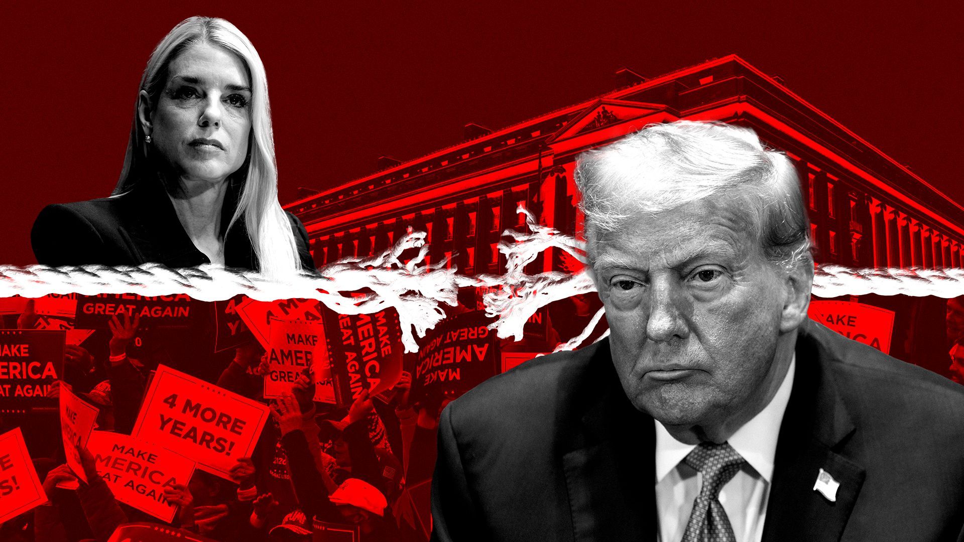 Photo illustration of Pam Bondi and Donald Trump collaged with a fraying rope about to rip, MAGA signs, and the Department of Justice building. 