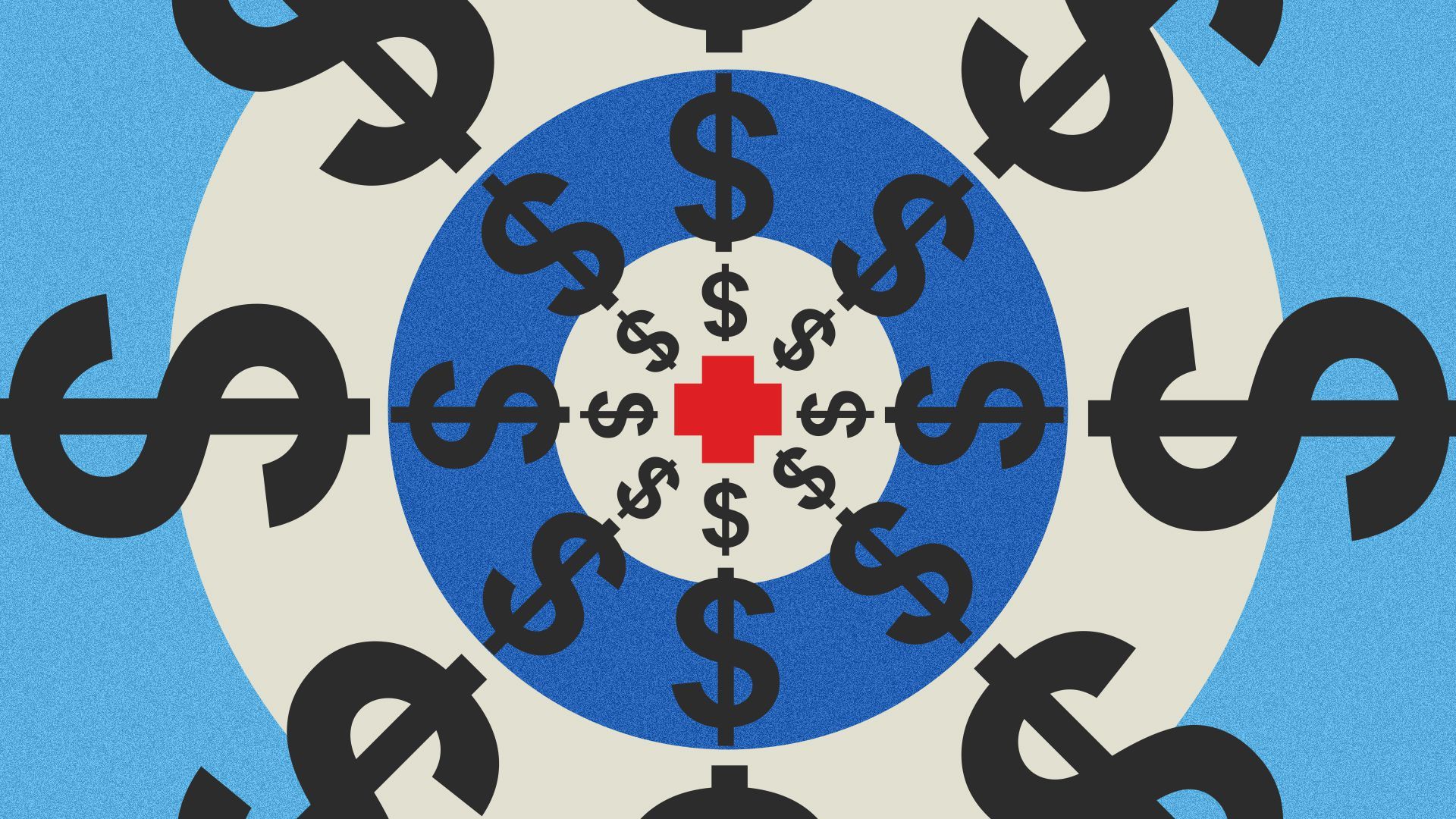 Illustration of red cross surrounded by concentric circles of dollar symbols.