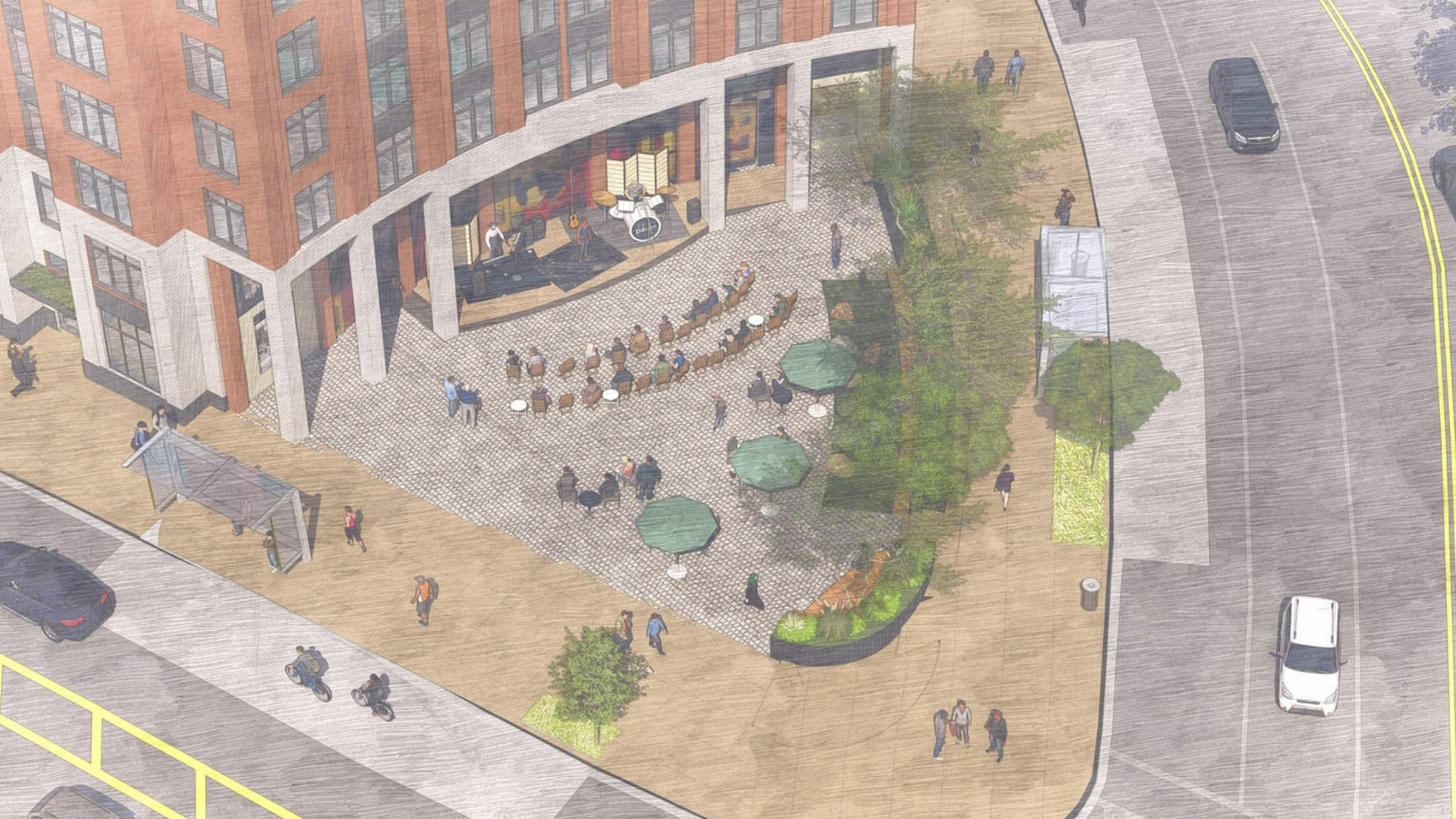 A rendering showing a plaza placed at the intersection of two streets.