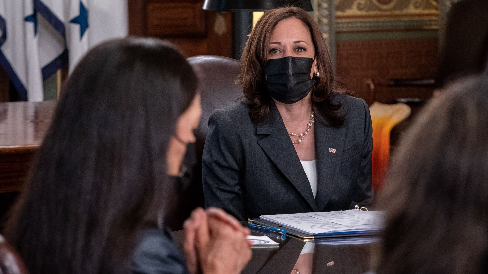 Vice President Kamala Harris is seen wearing a mask during a meeting on Tuesday.