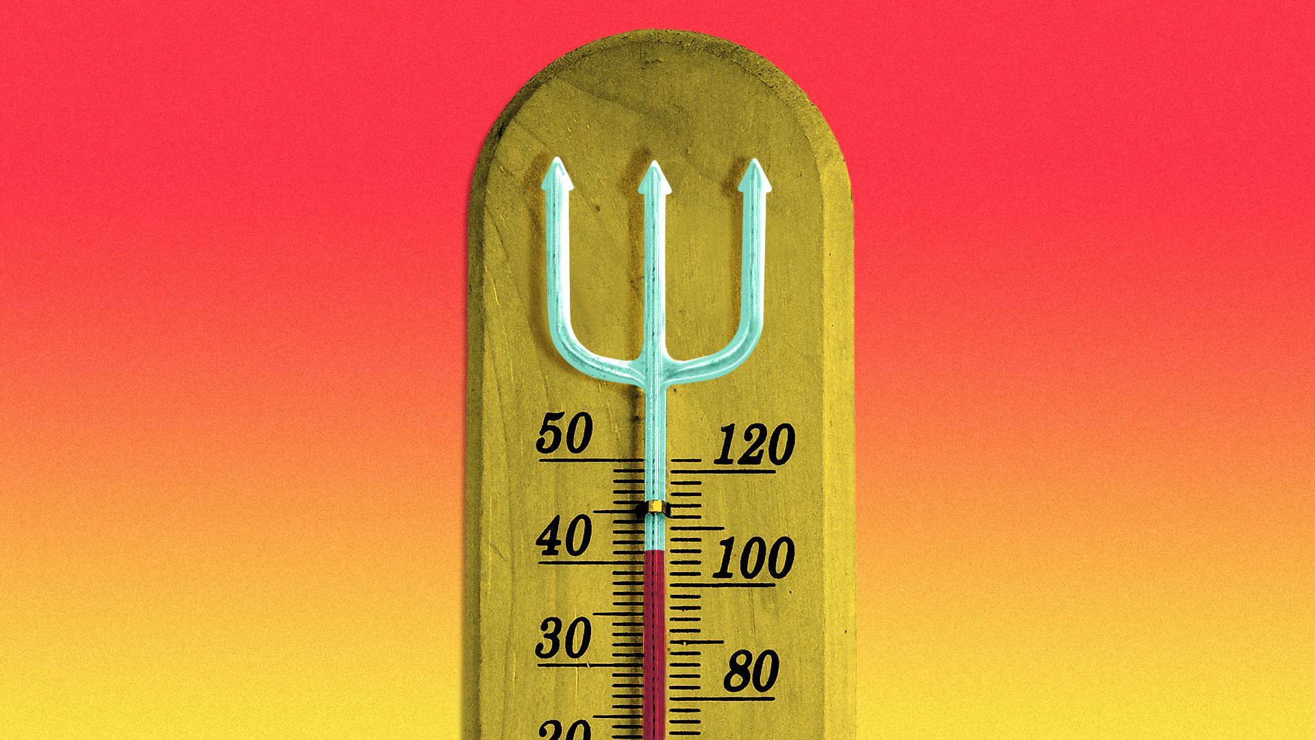 Illustration of a thermometer shaped like a devil's pitchfork, reading over 100 degrees.