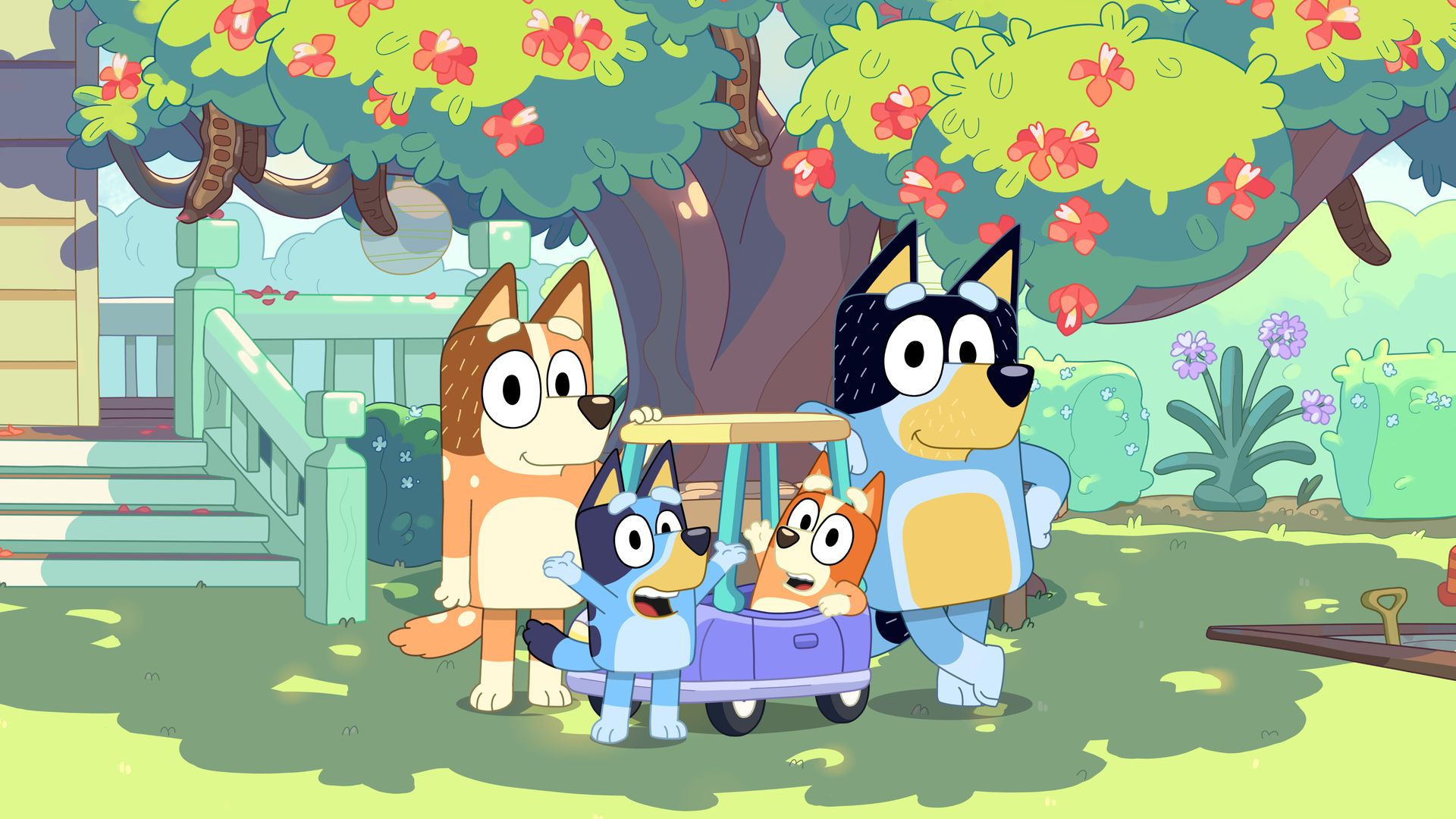 A photo of the Heeler family from the animated series "Bluey." 