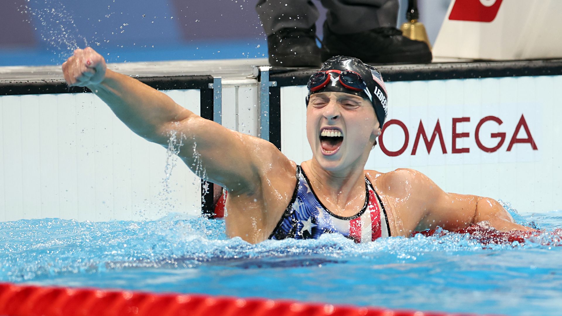 Katie Ledecky of Team USA celebrates after winning the Women’s 1,500m Freestyle Final on day five of the Tokyo 2020 Olympic Games at Tokyo Aquatics Centre in Japan