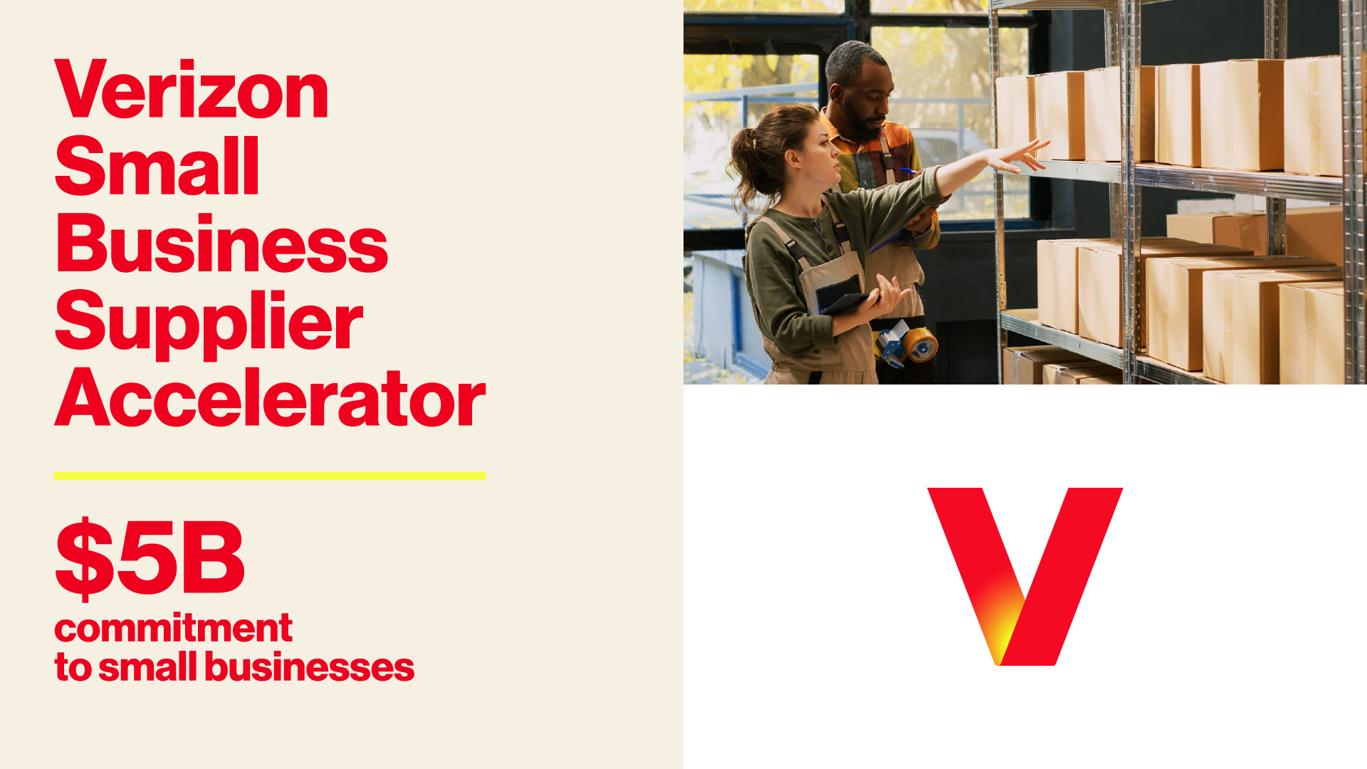 Graphic promoting Verizon's Small Business Supplier Accelerator with a $5 billion commitment, featuring two individuals organizing packages in a small business setting.