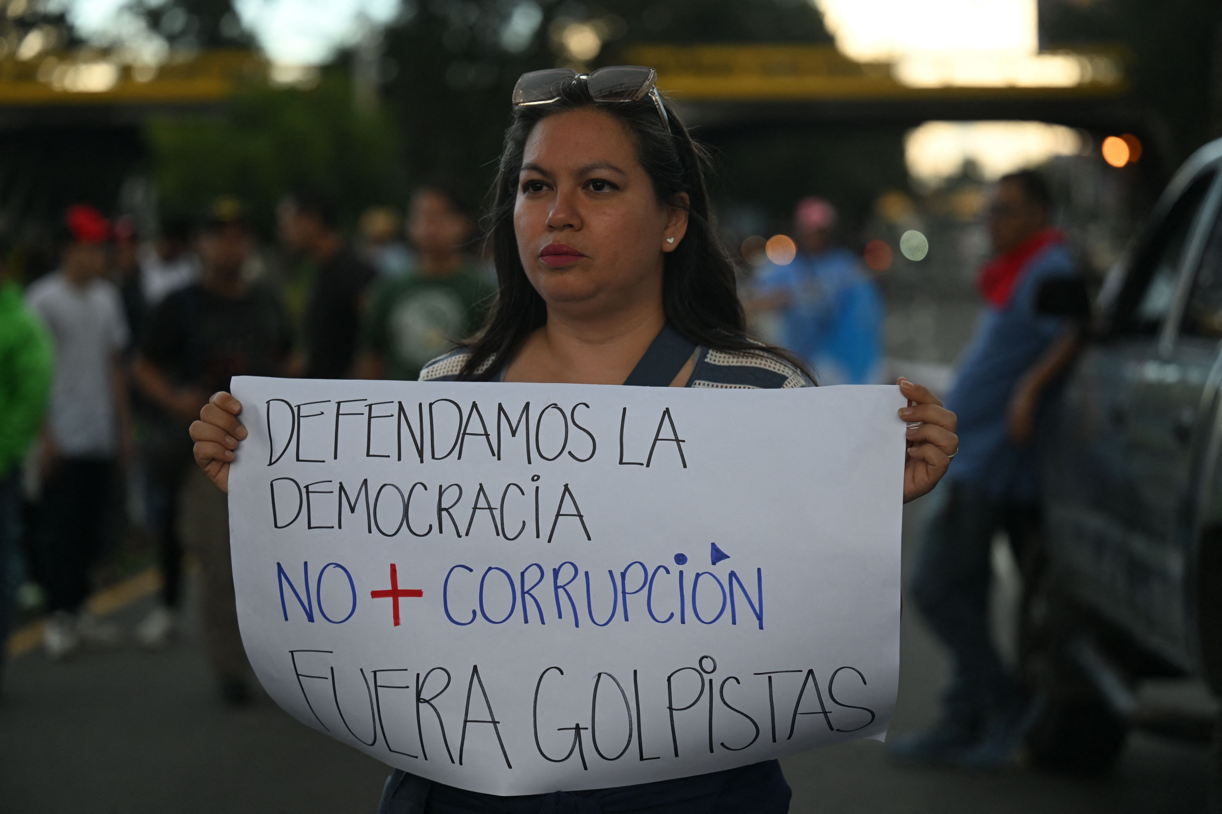 A woman looking off to the horizon holds a white sign with black and blue letters that says "we are defending democracy. No corruption. Out 
