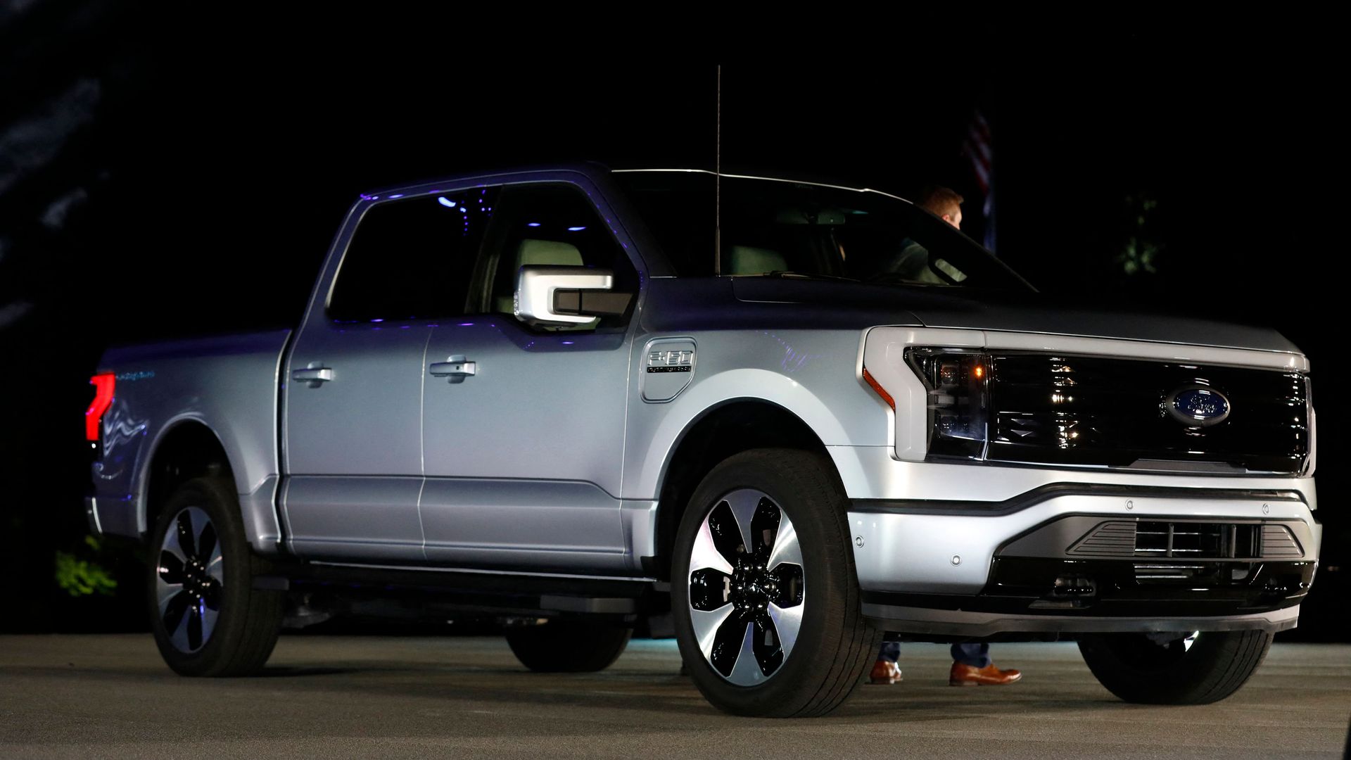 Ford's new electric F-150 Lightning outside of its headquarters in Dearborn, Michigan on May 19.