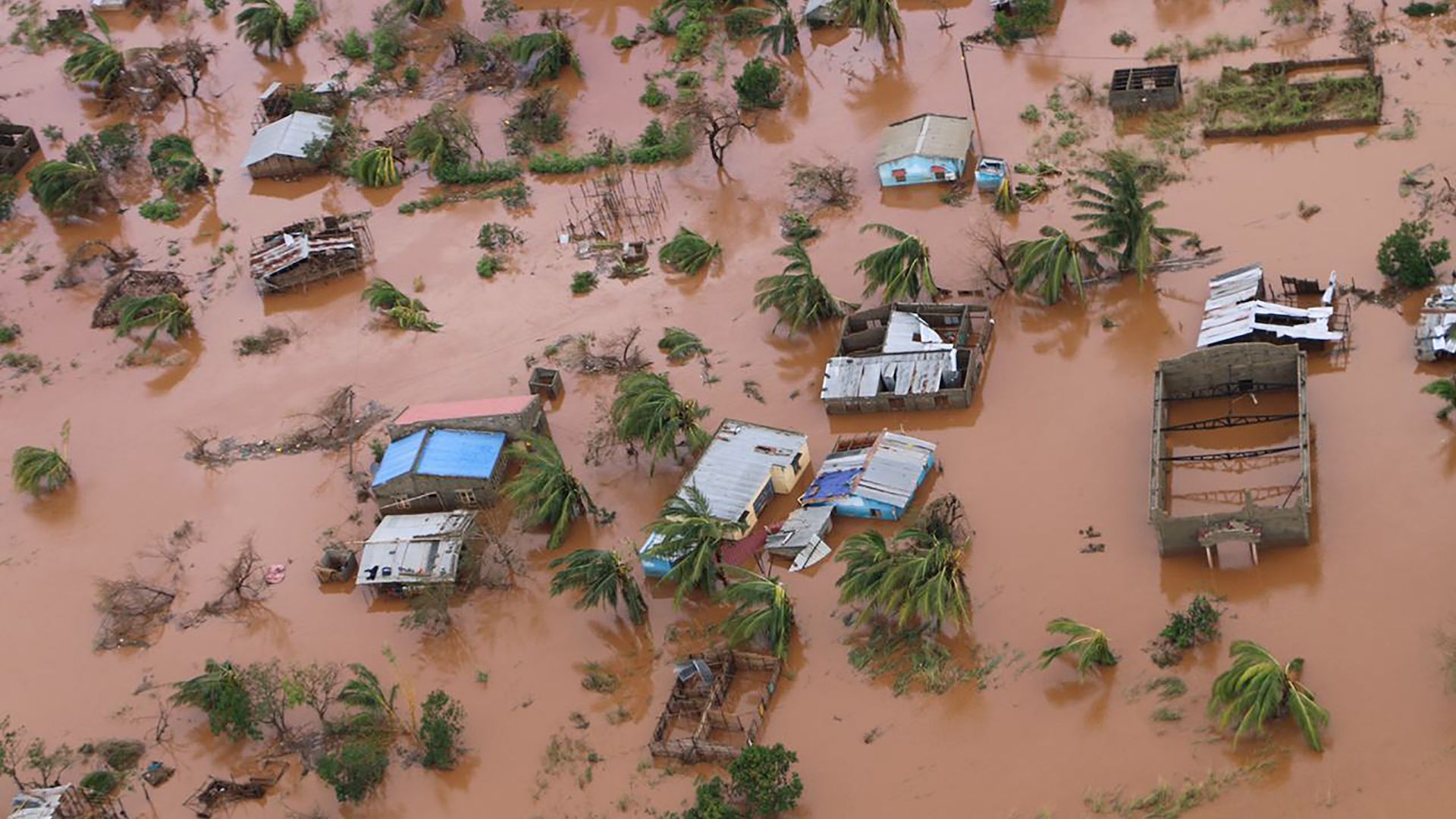 Houses in a flooded area of Buzi, central Mozambique, on March 20, 2019.