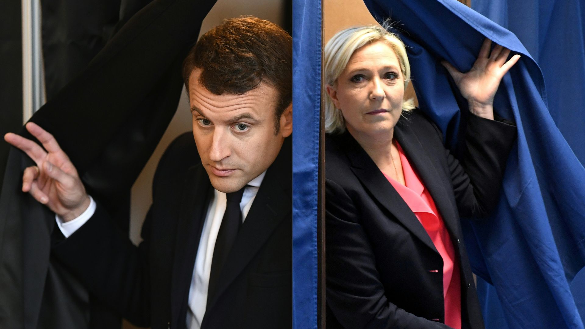 This combination of pictures created on May 7, 2017 shows French presidential election candidate Emmanuel Macron and Marine Le Pen 