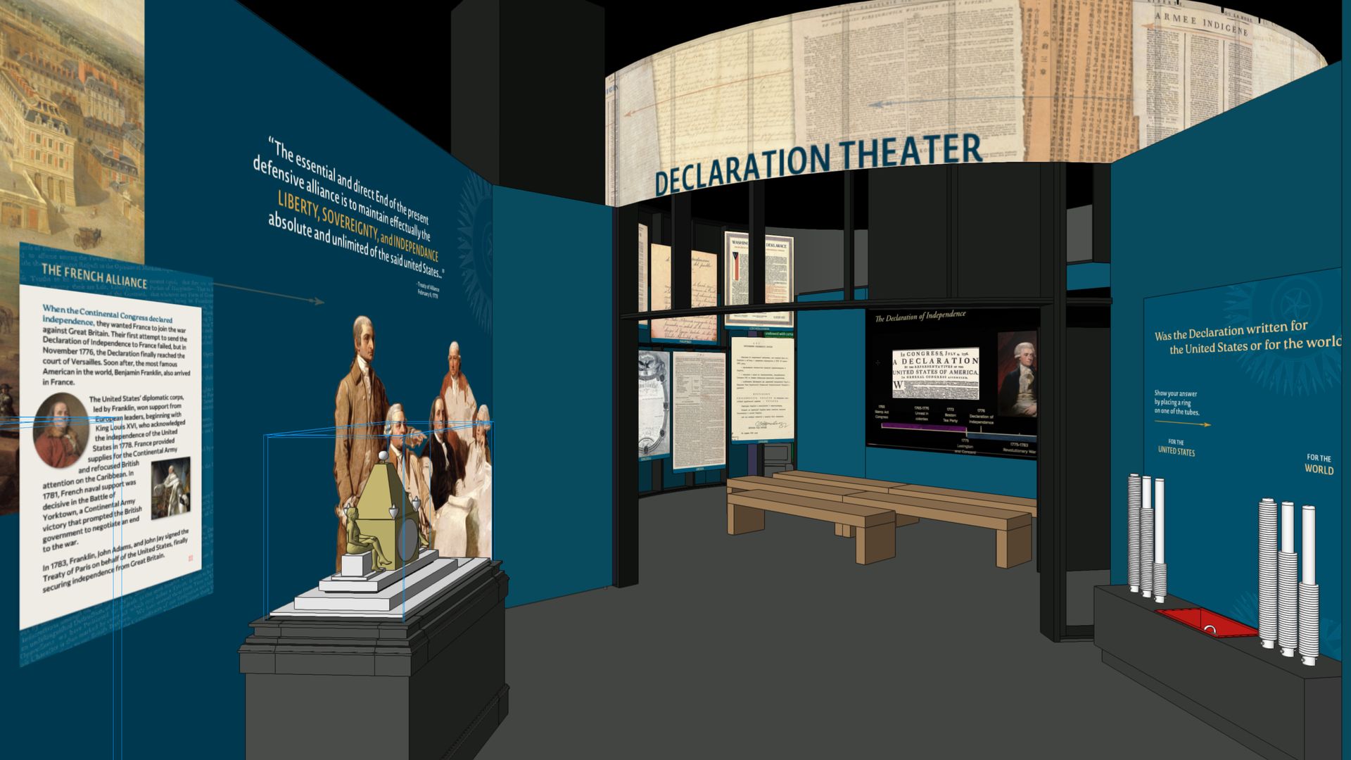 Interior of the Declaration Theater exhibit with blue walls, historical texts, a model statue under glass, a bench, and displays about the Declaration of Independence and French Alliance.