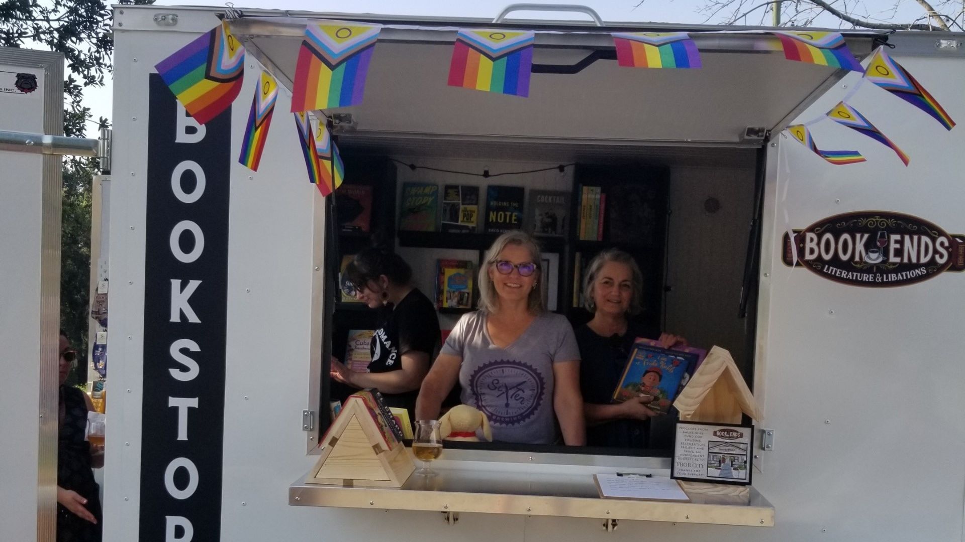 Laurie and Teresa Rodriguez inside their mobile bookstore. 