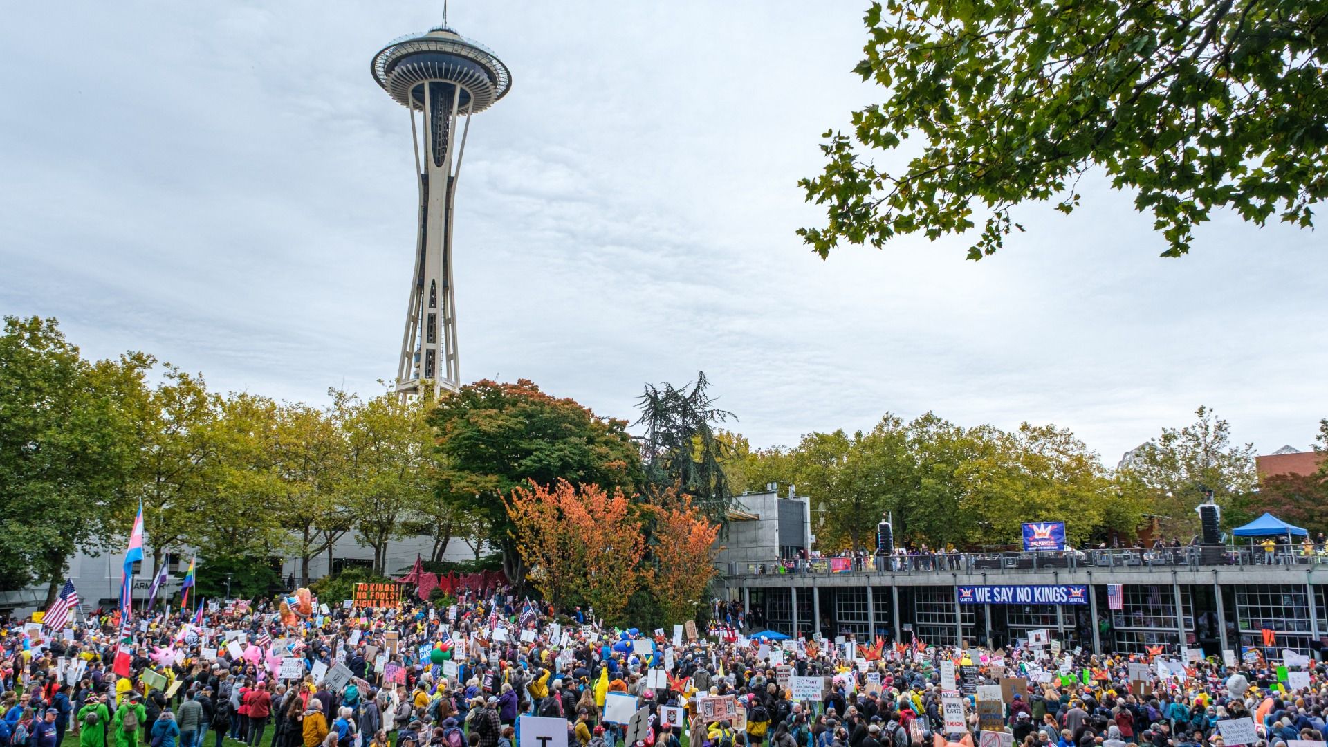Hundreds of protesters gather at the Space Needle in Seattle. 