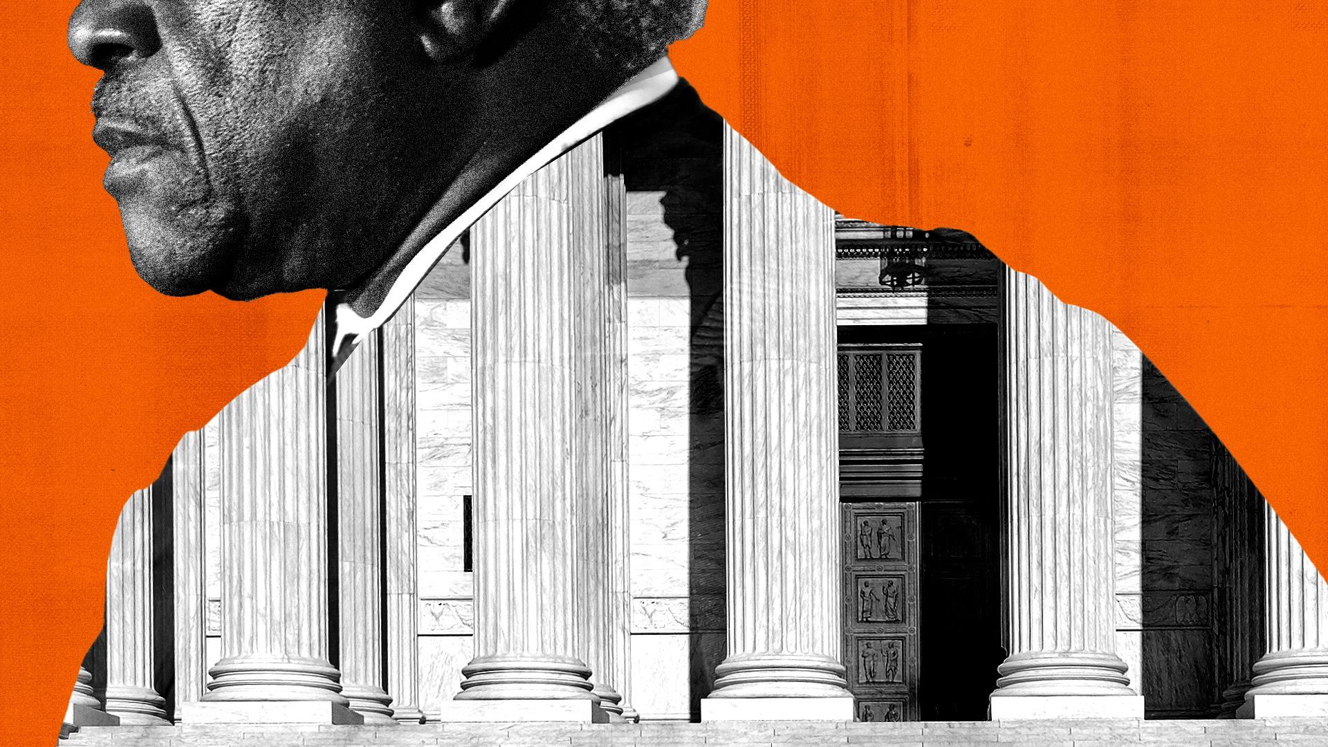 Photo illustration of Justice Clarence Thomas with the Supreme Court forming his judge's robes.