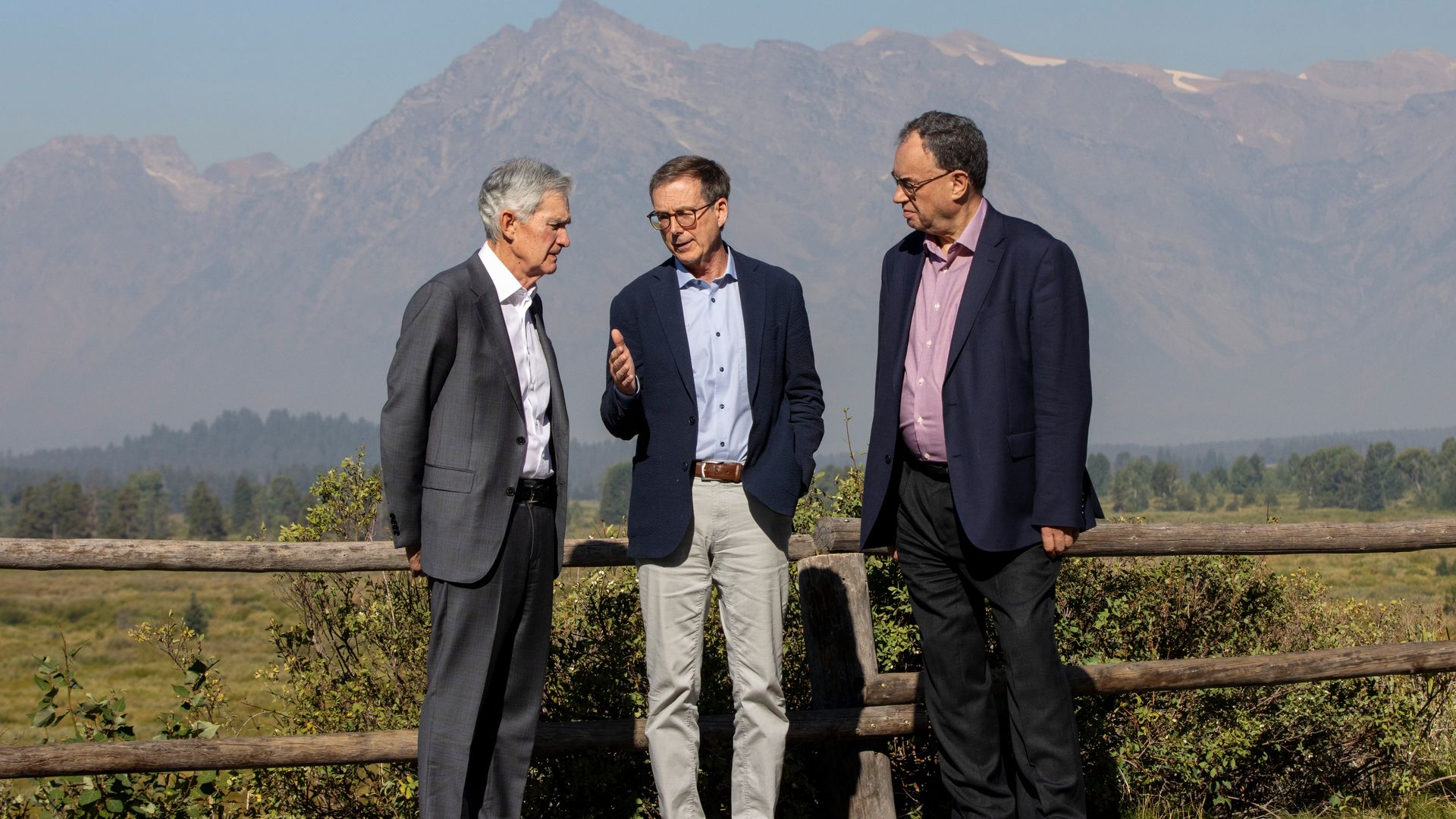 Fed chair Jerome Powell, Bank of Canada governor Tiff Macklem, and Bank of England governor Andrew Bailey in Jackson Hole, Wyo.