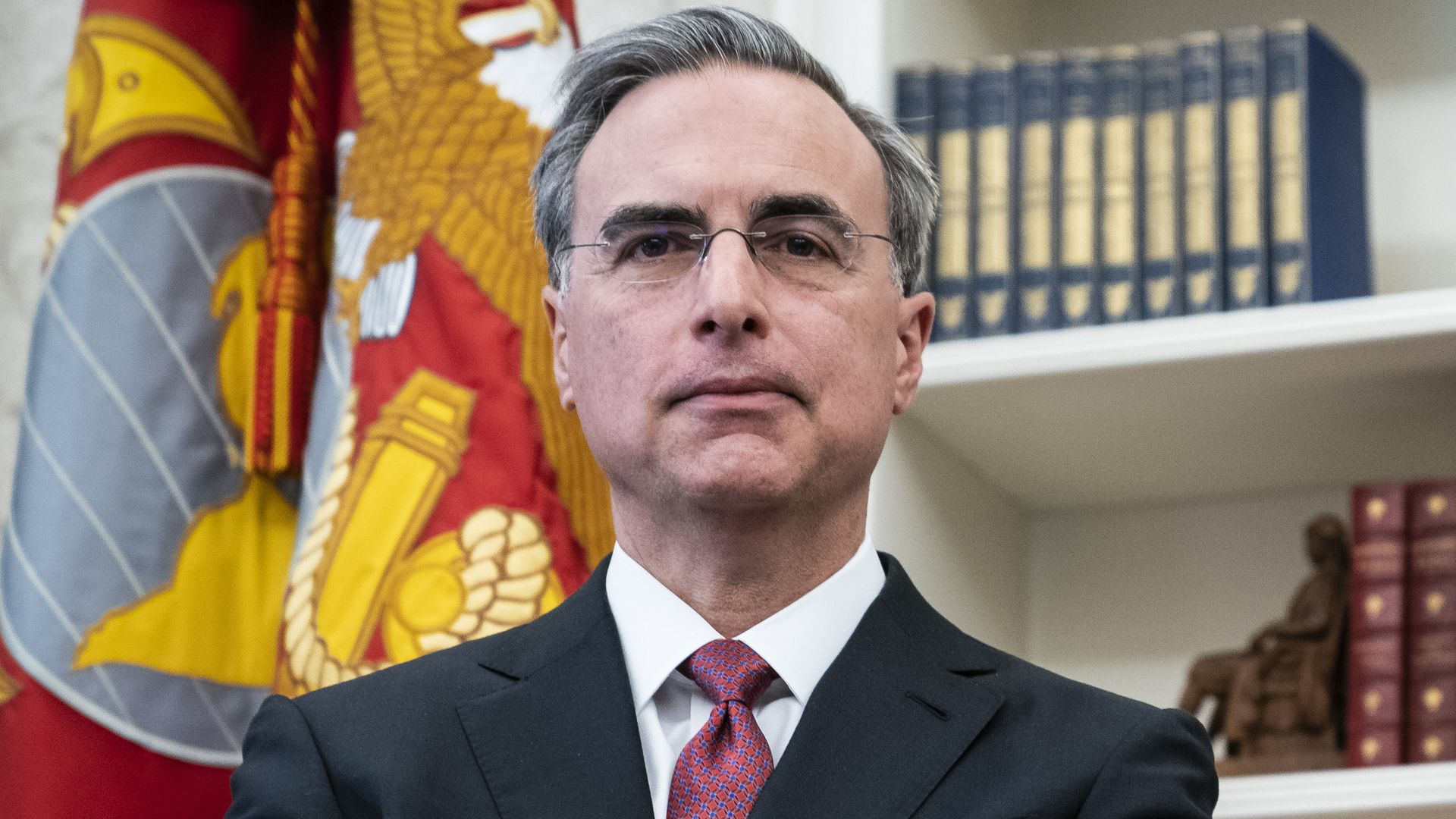 White House counsel Pat Cipollone crosses his arms while standing in the White House