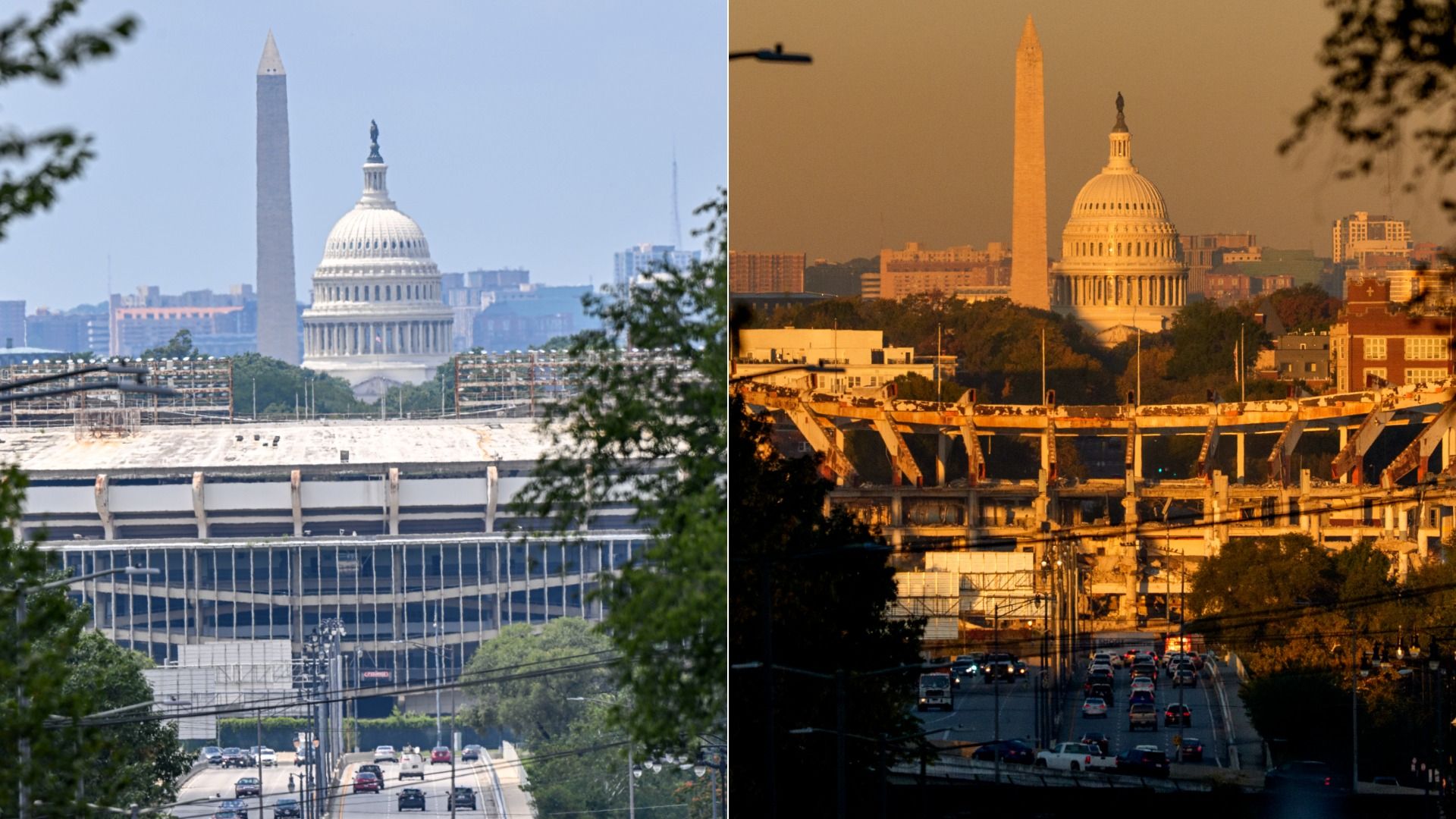 RFK Stadium, seen on Aug. 7 and Oct. 21. Photos: Jonathan Newton/The Washington Post via Getty Images; Andrew Harnik/Getty Images
