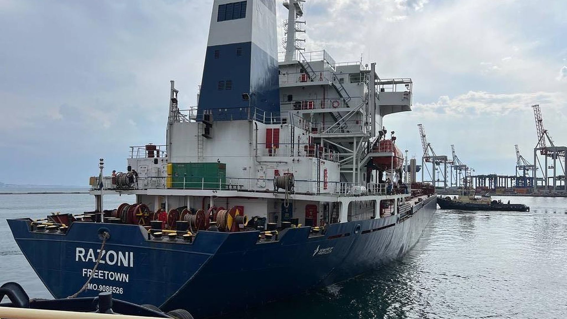 Sierra Leone-flagged dry cargo ship Razoni departs from port of Odesa in Odessa, Ukraine on Monday.