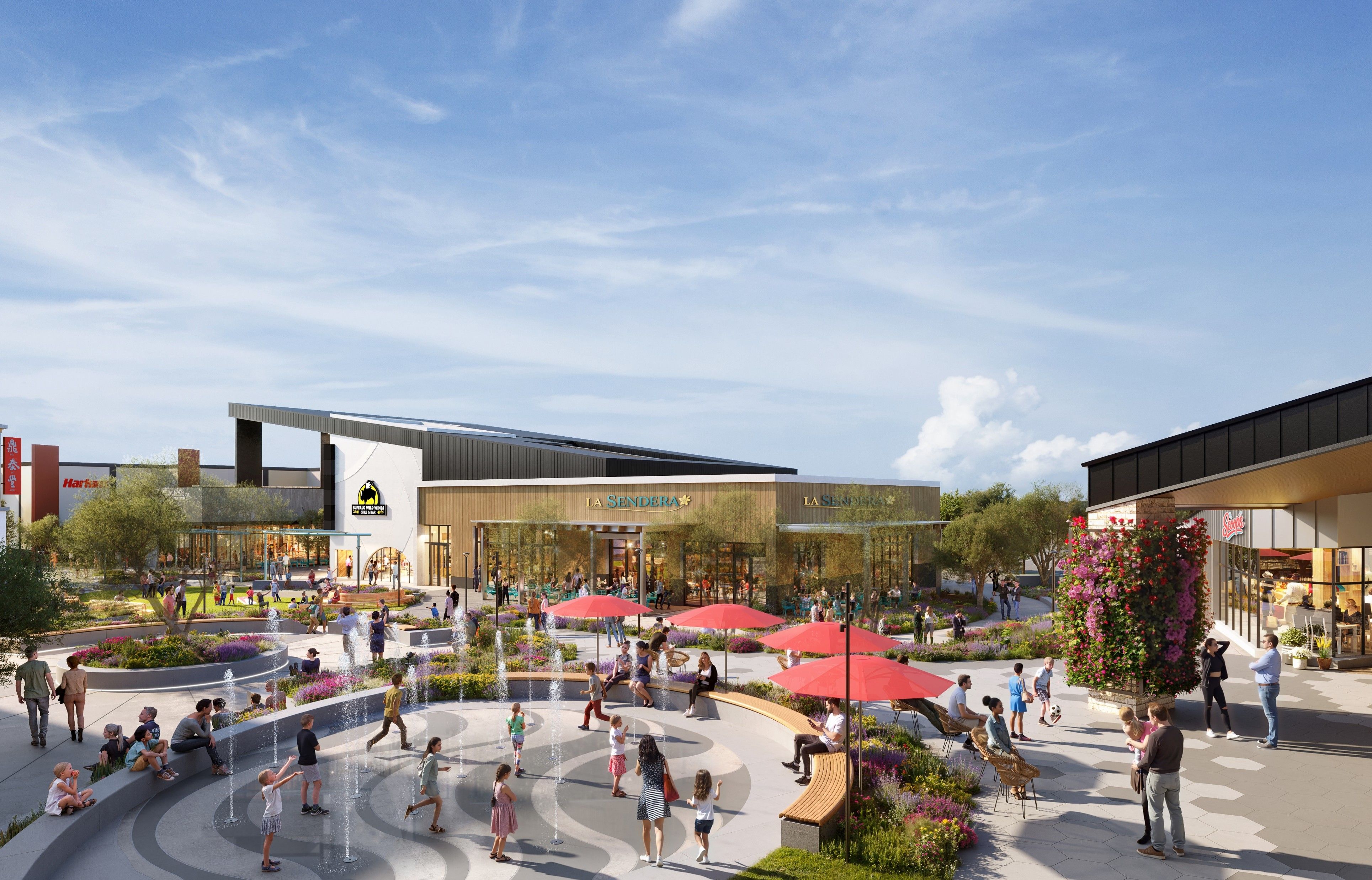 Sunny outdoor shopping plaza with a circular fountain, kids playing in jets, red umbrellas, modern storefronts, greenery, and a bright blue sky.